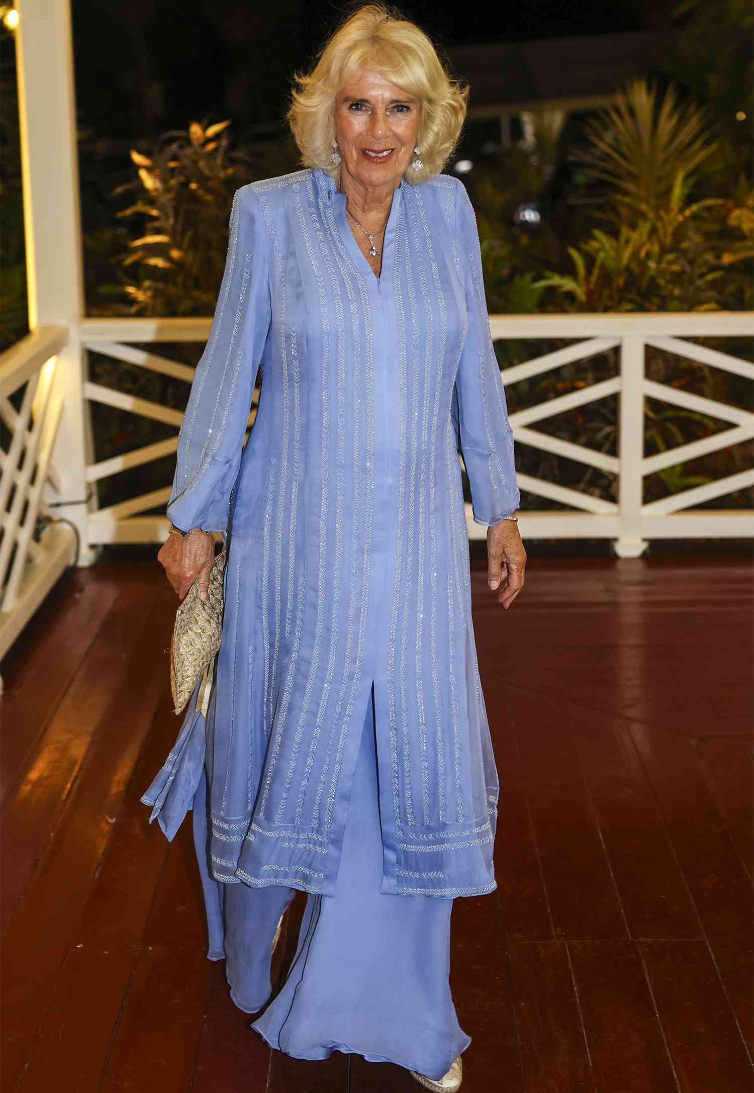 Queen Camilla arrives to attend the CHOGM Reception & Dinner at the Robert Louis Stevenson Museum, near Apia on October 25, 2024 in Apia, Samoa. 