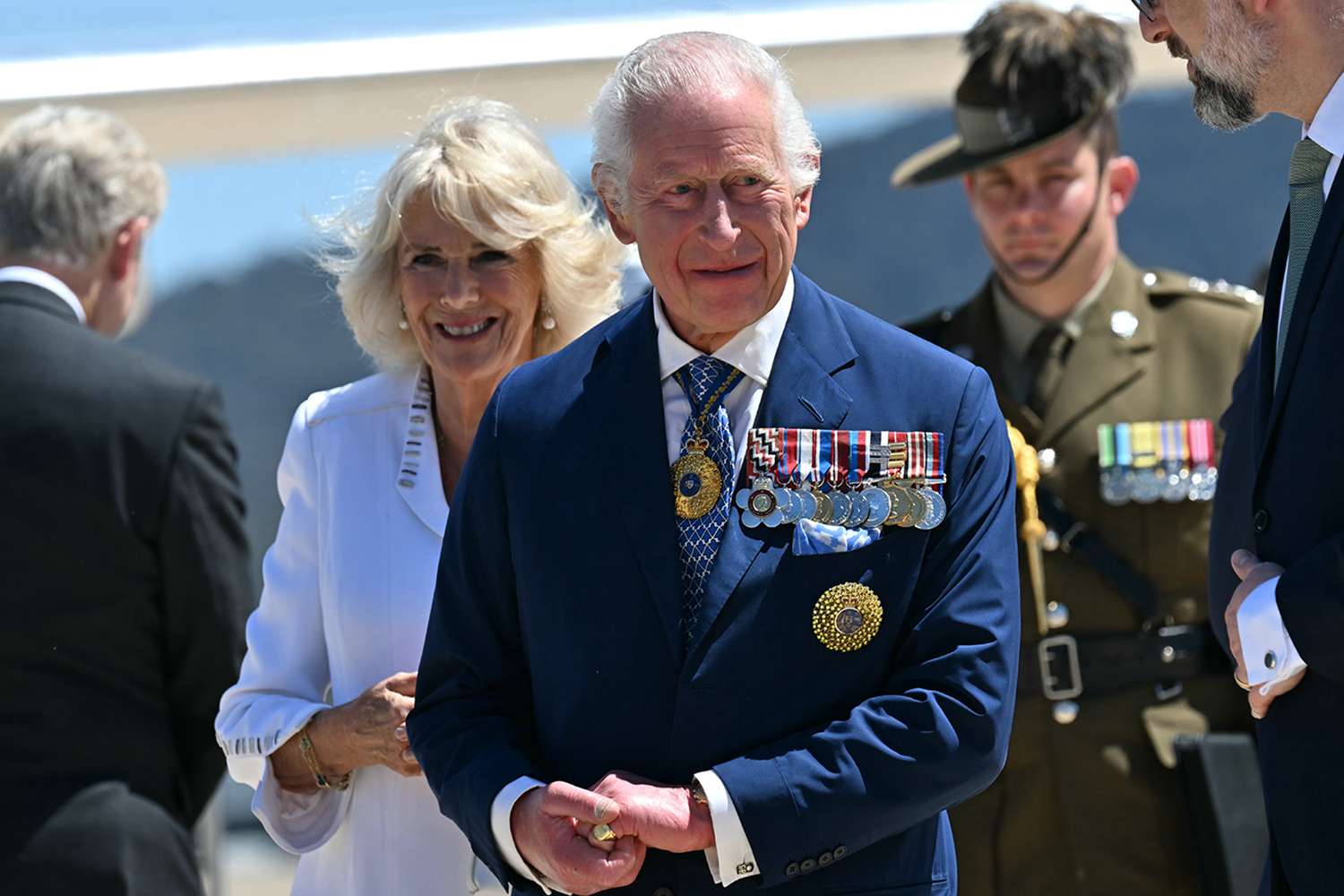 King Charles III and Queen Camilla arrive at Defence Establishment Fairbairn, Canberra Airport on October 21, 2024, in Canberra, Australia. The King's visit to Australia is his first as monarch, and the Commonwealth Heads of Government Meeting (CHOGM)