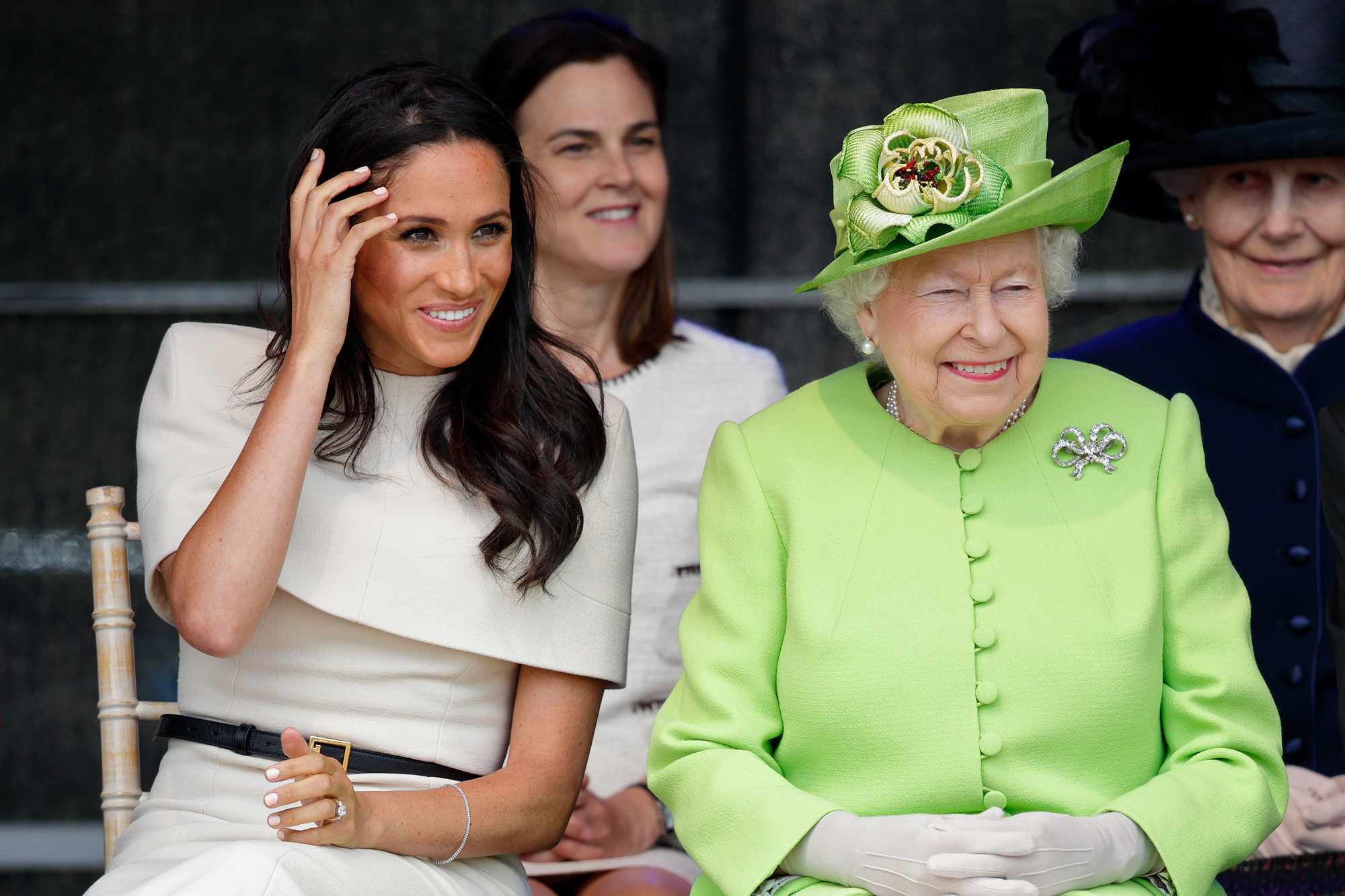 Meghan, Duchess of Sussex and Queen Elizabeth II attend a ceremony to open the new Mersey Gateway Bridge on June 14, 2018 in Widnes, England. Meghan Markle married Prince Harry last month to become The Duchess of Sussex and this is her first engagement with the Queen. During the visit the pair will open a road bridge in Widnes and visit The Storyhouse and Town Hall in Chester