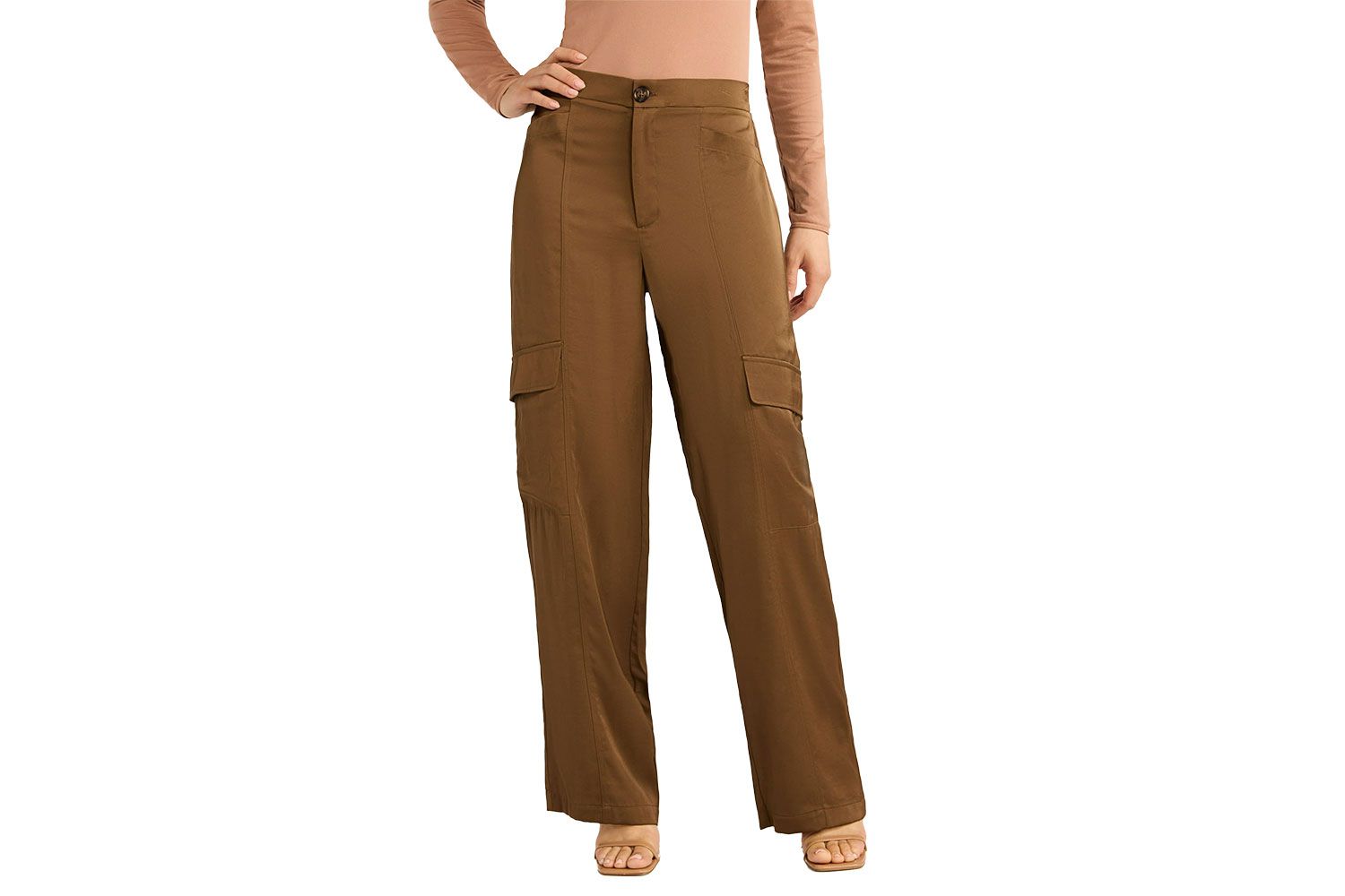 Sofia Jeans Women's Cargo Wide Leg High Rise Satin Pants, 30" Inseam, Sizes XS-XXL