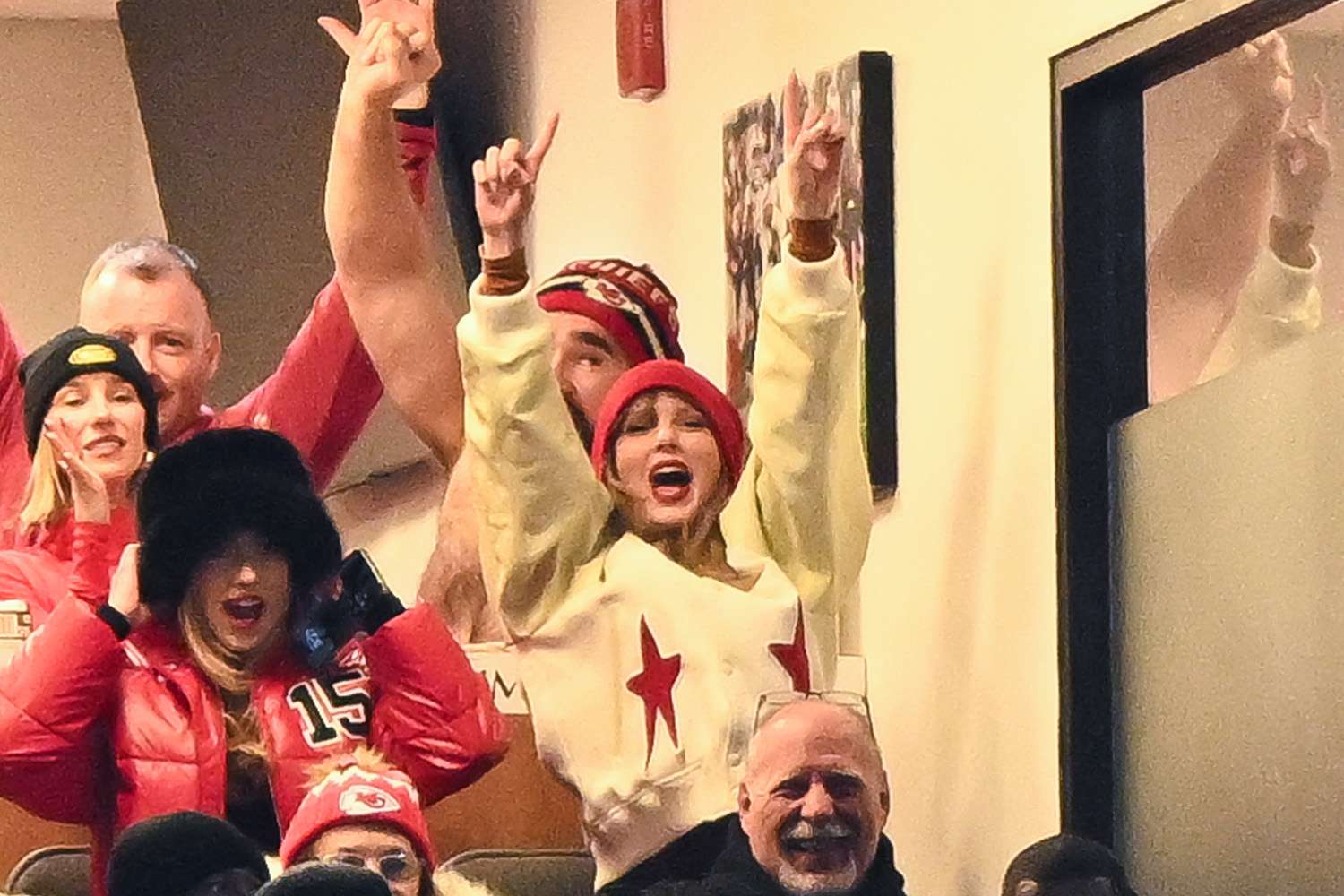 Brittany Mahomes, Jason Kelce, and Taylor Swift react during the second half of the AFC Divisional Playoff game between the Kansas City Chiefs and the Buffalo Bills