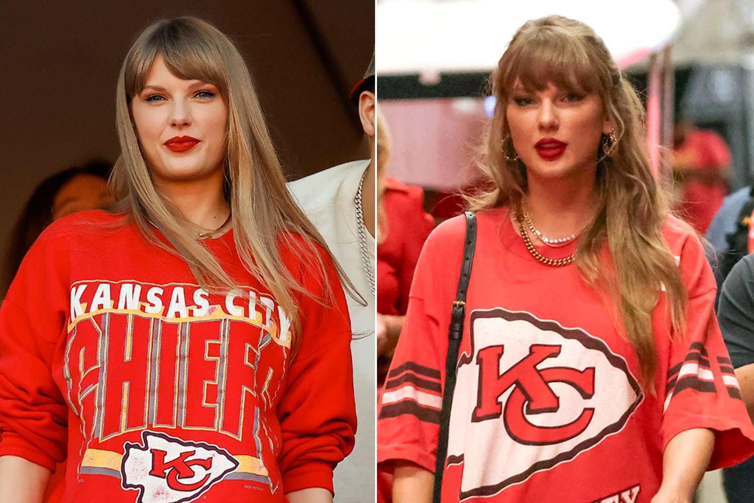 Taylor Swift and Brittany Mahomes react during a game between the Los Angeles Chargers and Kansas City Chiefs; Taylor Swift arrives at the stadium before an NFL game between the Cincinnati Bengals and Kansas City Chiefs 