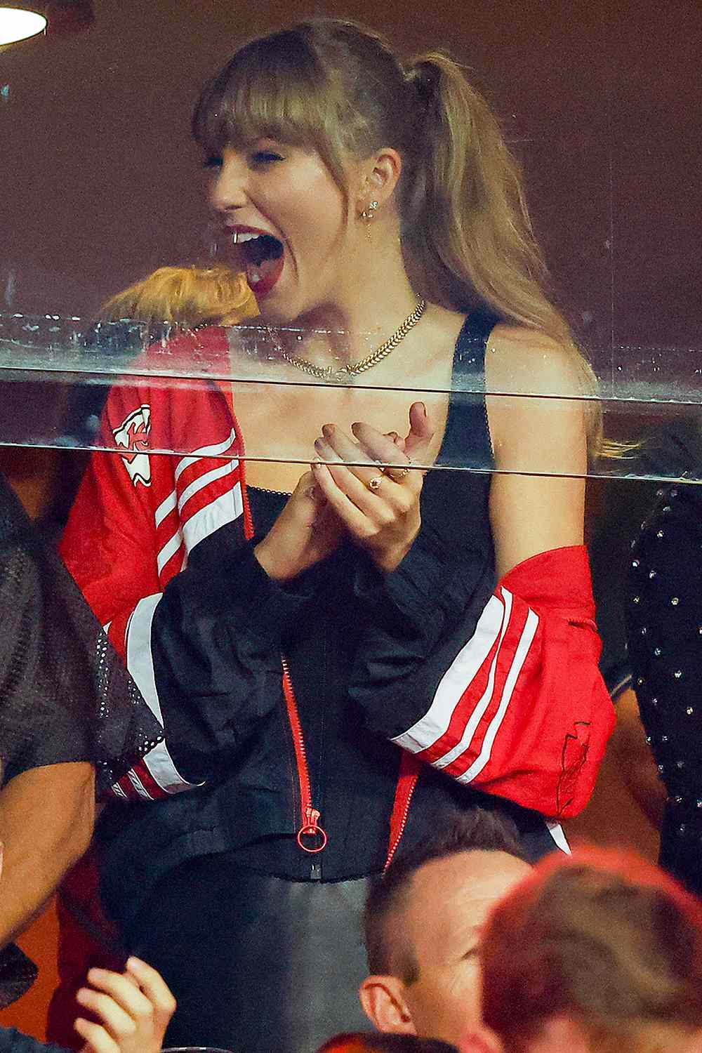 Taylor Swift and Donna Kelce react before the game between the Kansas City Chiefs and the Denver Broncos at GEHA Field at Arrowhead Stadium on October 12, 2023 in Kansas City, Missouri.