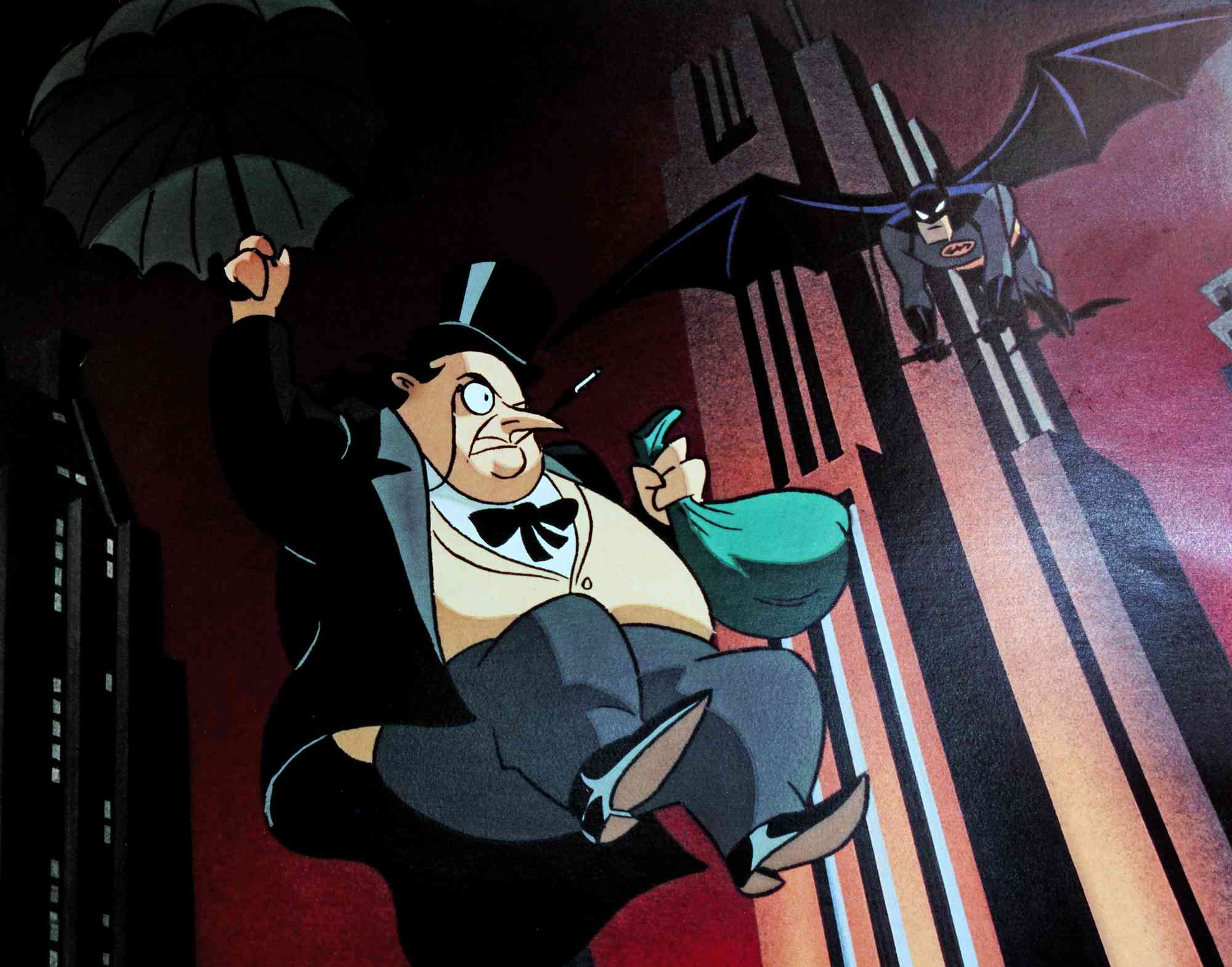 BATMAN: THE ANIMATED SERIES, from left, The Penguin (voiced by Paul Williams), Batman (voiced by Kevin Conroy), 1992-95 