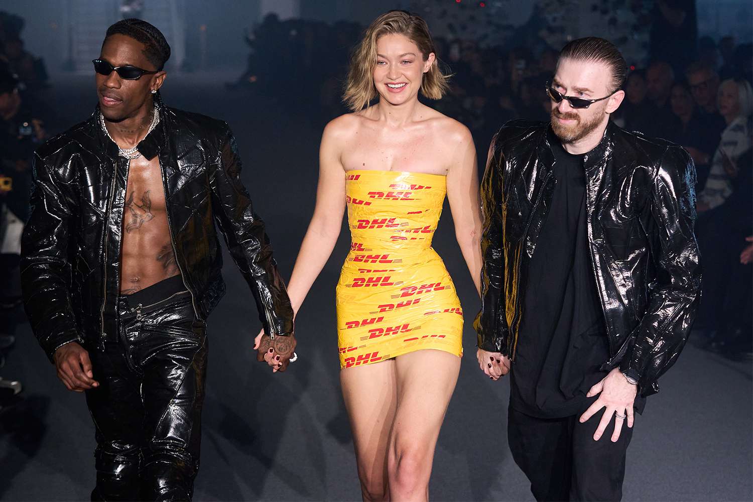 Travis Scott, Gigi Hadid and Guram Gvasalia walk the runway during the Vetements Paris Womenswear Spring-Summer 2025 show