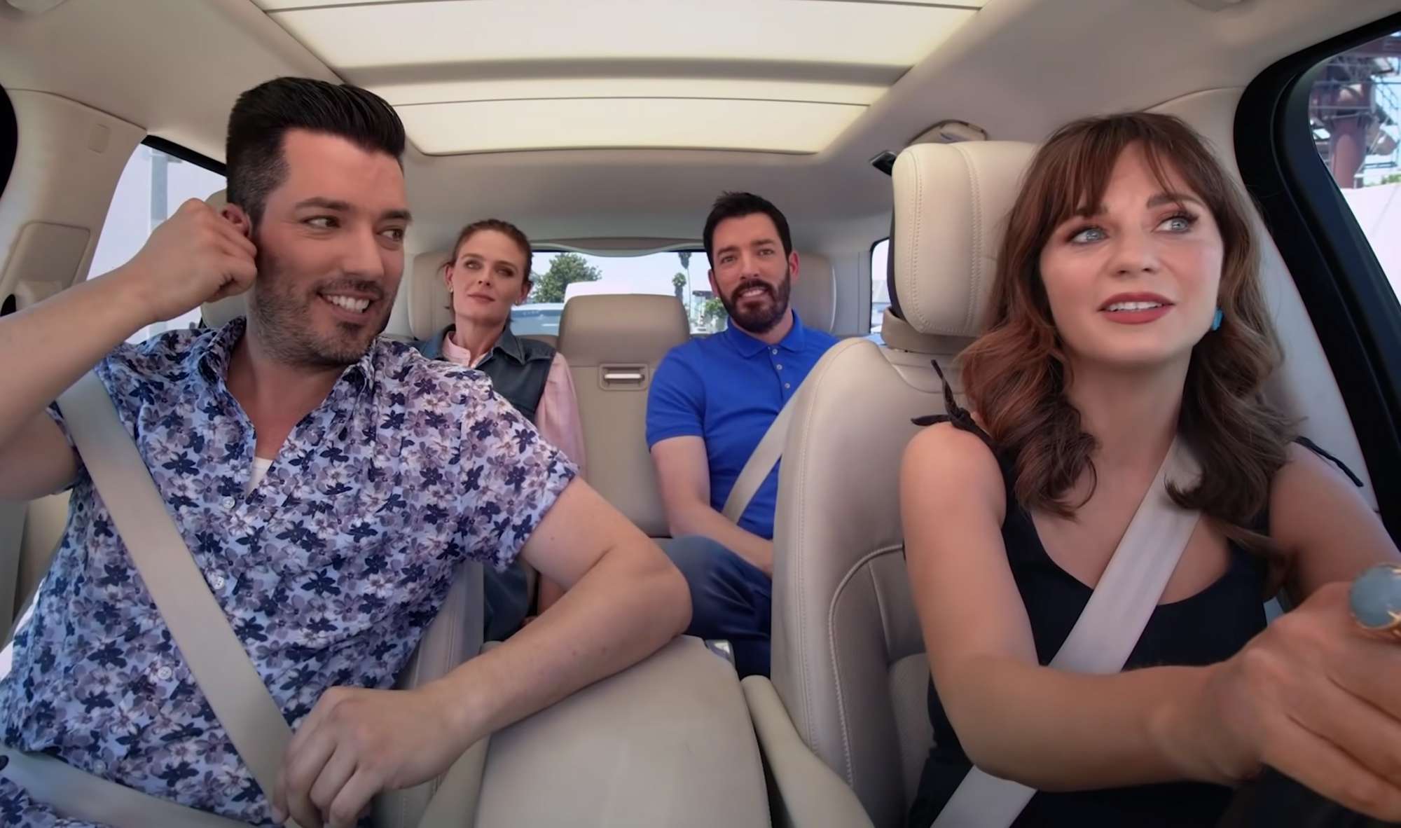 Zooey and Emily Deschanel and Jonathan and Drew Scott film Carpool Karaoke for The Late Late Show