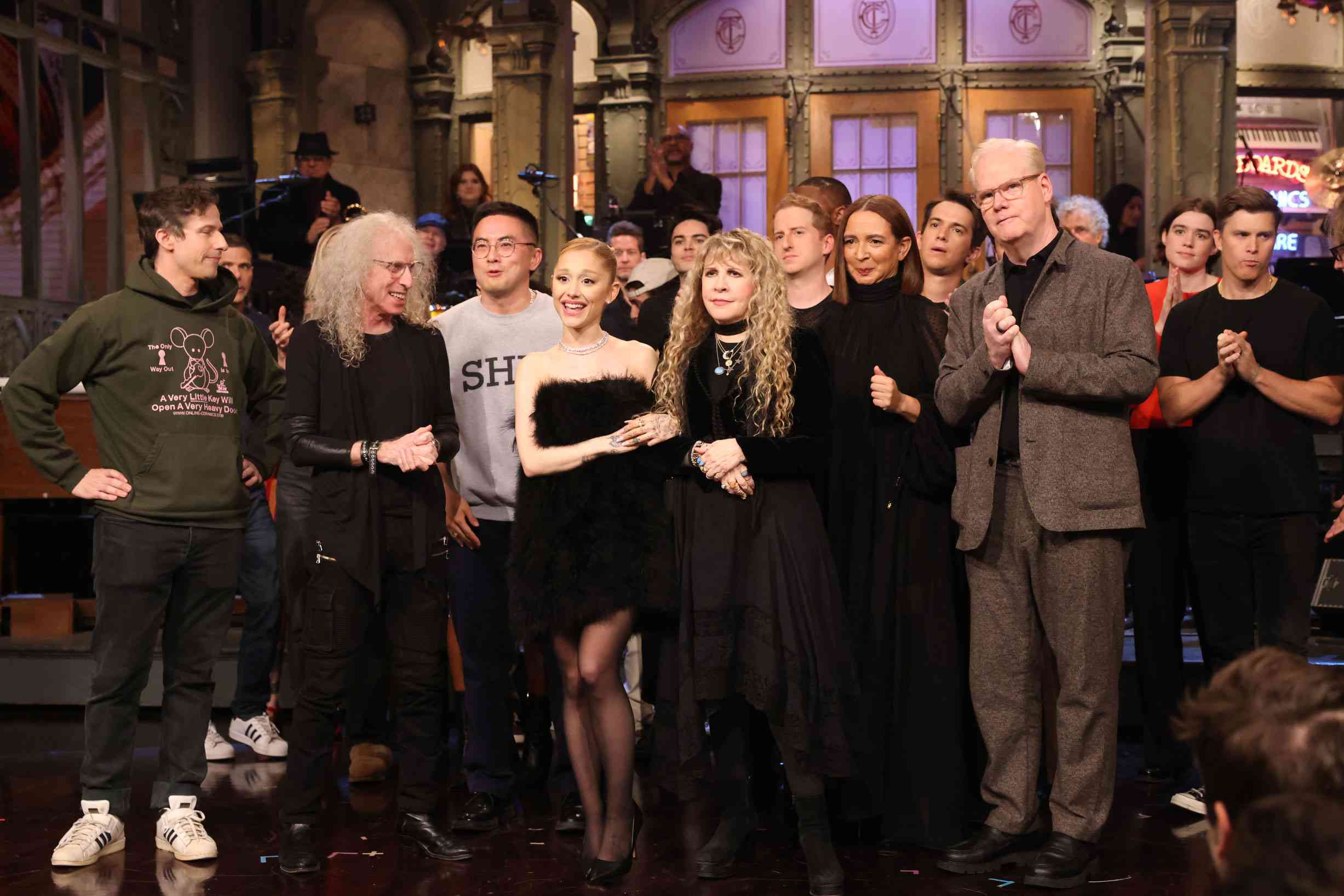  Host Ariana Grande, musical guest Stevie Nicks, with special guests Andy Samberg, Maya Rudolph, Jim Gaffigan, and Dana Carvey during Goodnights & Credits on Saturday, October 12, 2024