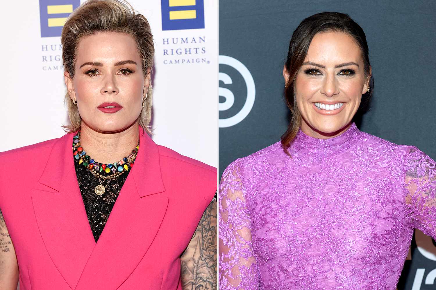 Ashlyn Harris at the Human Rights Campaign's 2024 Los Angeles Dinner held at the Fairmont Century Plaza on March 23, 2024 in Los Angeles, California; Honoree Ali Krieger attends the 2024 Stonewall Vision Awards at The Ziegfeld Ballroom on June 13, 2024 in New York City.