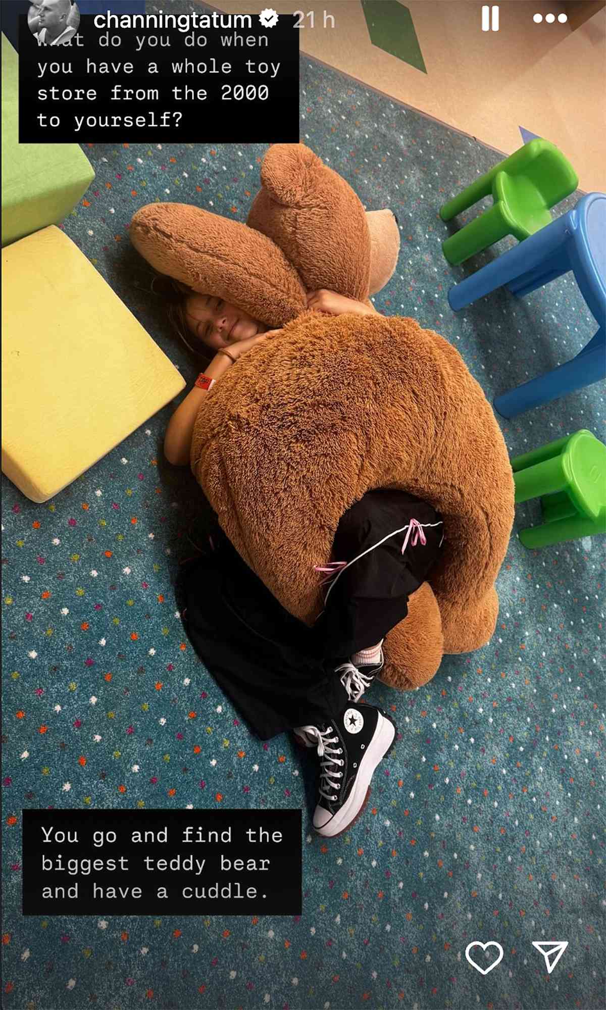 Channing Tatum Has Fun with Daughter Everly in Toy Store as They Both Pose with Huge Teddy Bear