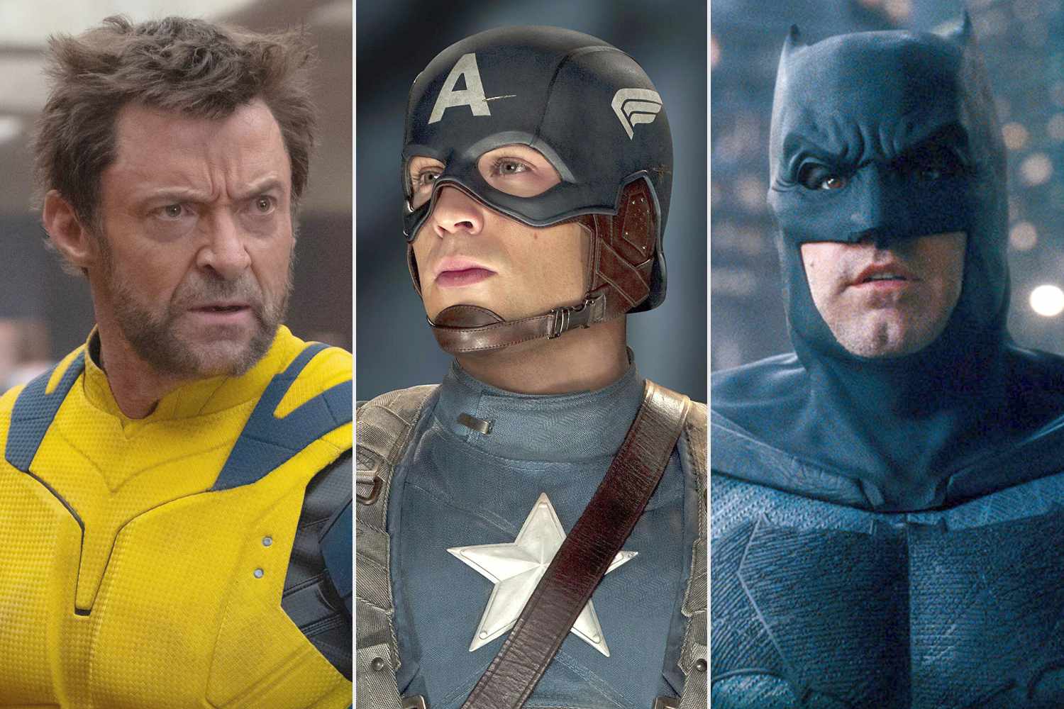 Chris Evans as Captain America; Hugh Jackman as Wolverine; Ben Affleck as Batman