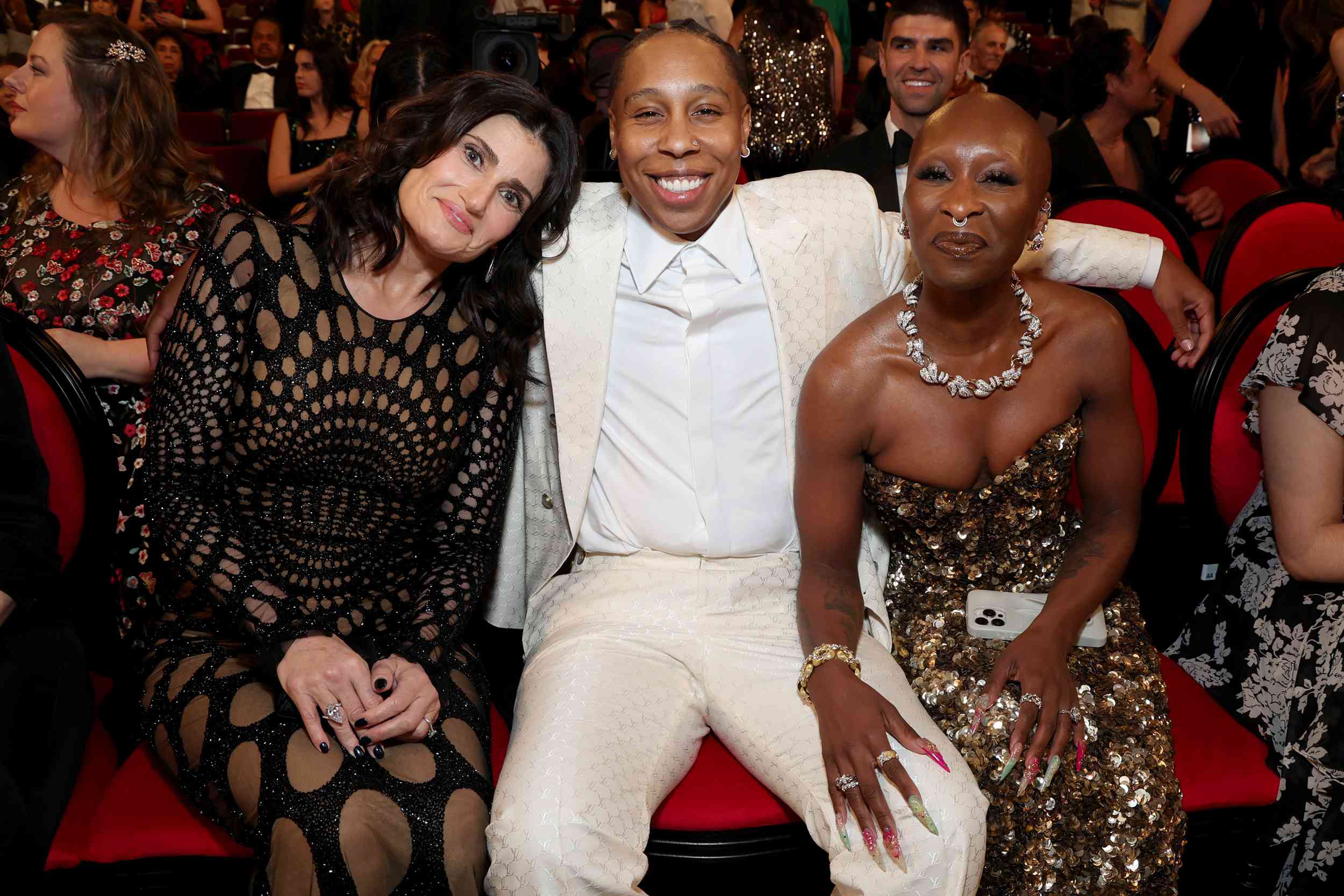 dina Menzel, Lena Waithe, and Cynthia Erivo attend The 77th Annual Tony Awards