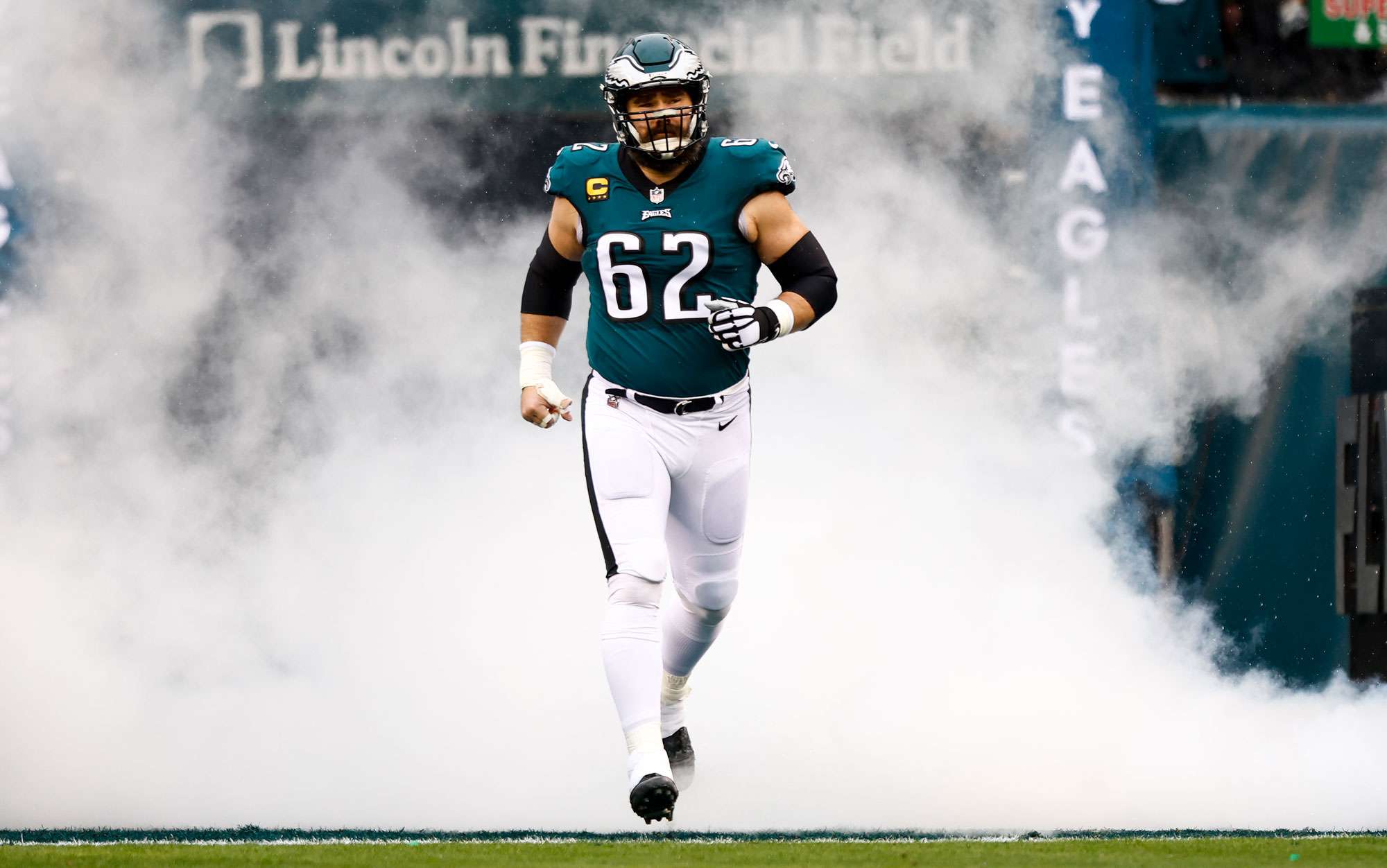  Jason Kelce #62 of the Philadelphia Eagles runs out of the tunnel prior to the NFC Championship NFL football game against the San Francisco 49ers at Lincoln Financial Field on January 29, 2023 in Philadelphia, Pennsylvania