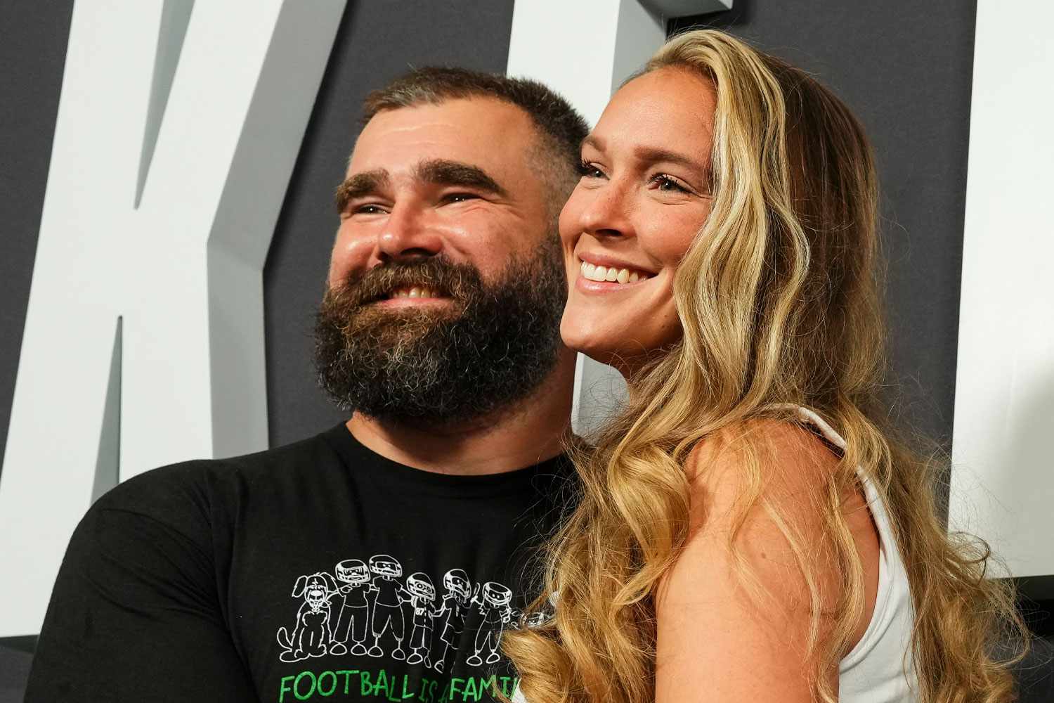 Jason Kelce poses for a photo with Kylie Kelce during the Kelce documentary premiere at Suzanne Roberts Theater on September 8, 2023 