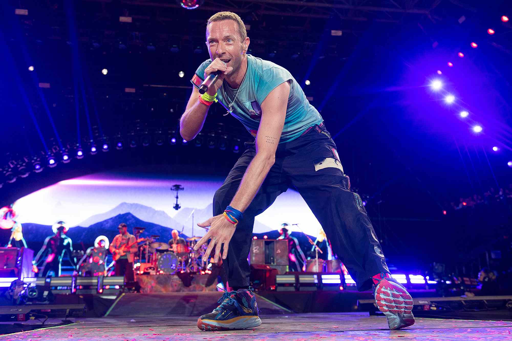 Lead singer Chris Martin of Coldplay headlining the Pyramid Stage at Glastonbury Festival 2024 Saturday at Worthy Farm, Pilton in Glastonbury, England, UK on Saturday 29 June 2024