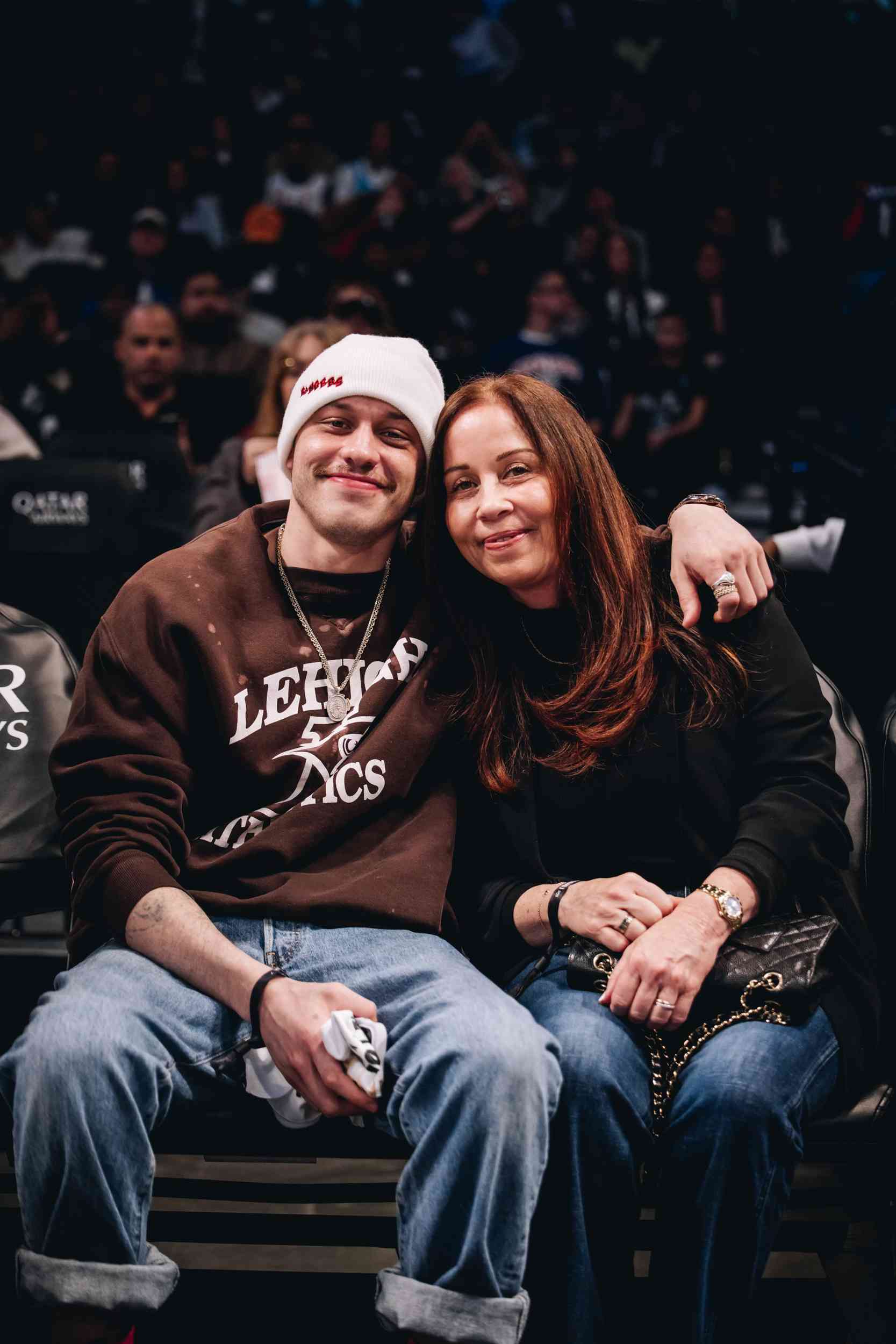 Pete Davidson with his mom, Amy Waters Davidson at last night's Brooklyn Nets