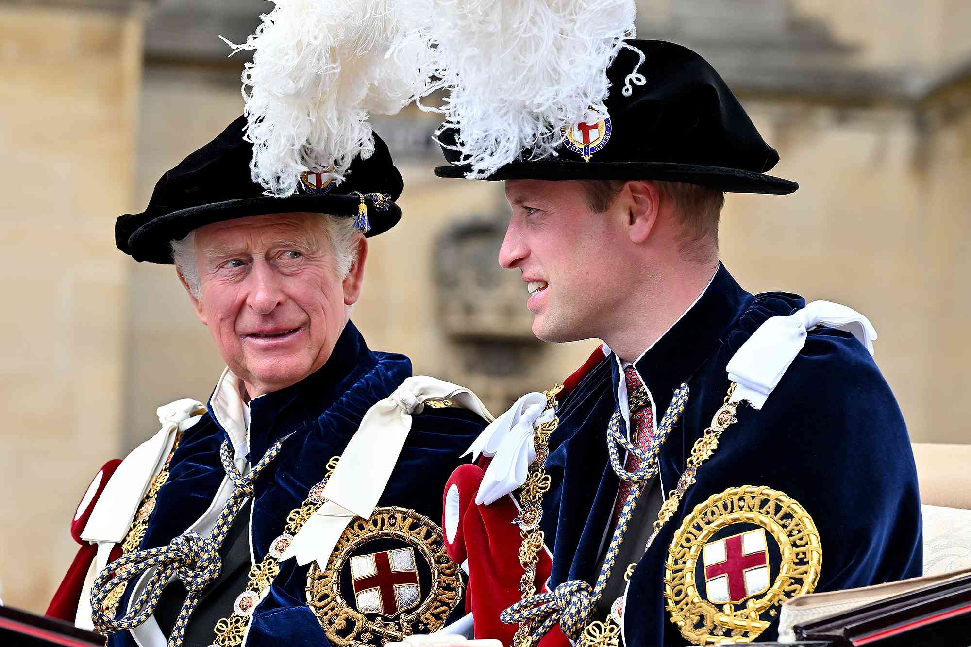 Prince Charles, Prince of Wales and Prince William, Duke of Cambridge attend The Order of The Garter service at St George's Chapel, Windsor Castle on June 13, 2022 in Windsor, England. The Most Noble Order of the Garter, founded by King Edward III in 1348, is the oldest and most senior Order of Chivalry in Britain