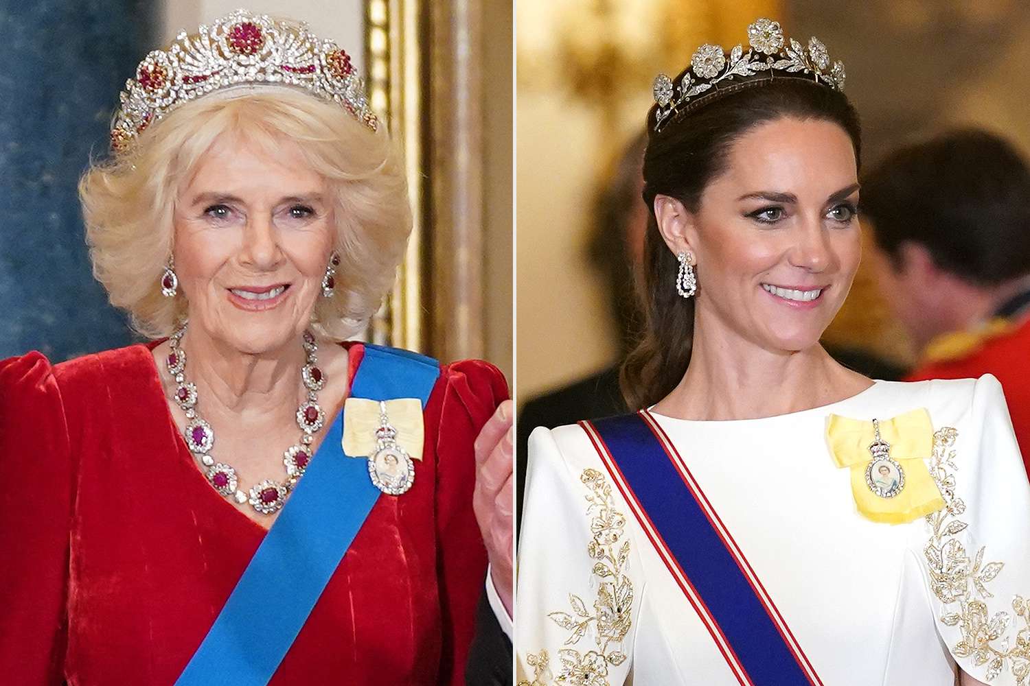 Britain's Queen Camilla (L) and Britain's King Charles III (R) welcome South Korea's President Yoon Suk Yeol and his wife Kim Keon Hee; Catherine, Princess of Wales attend the State Banquet at Buckingham Palace