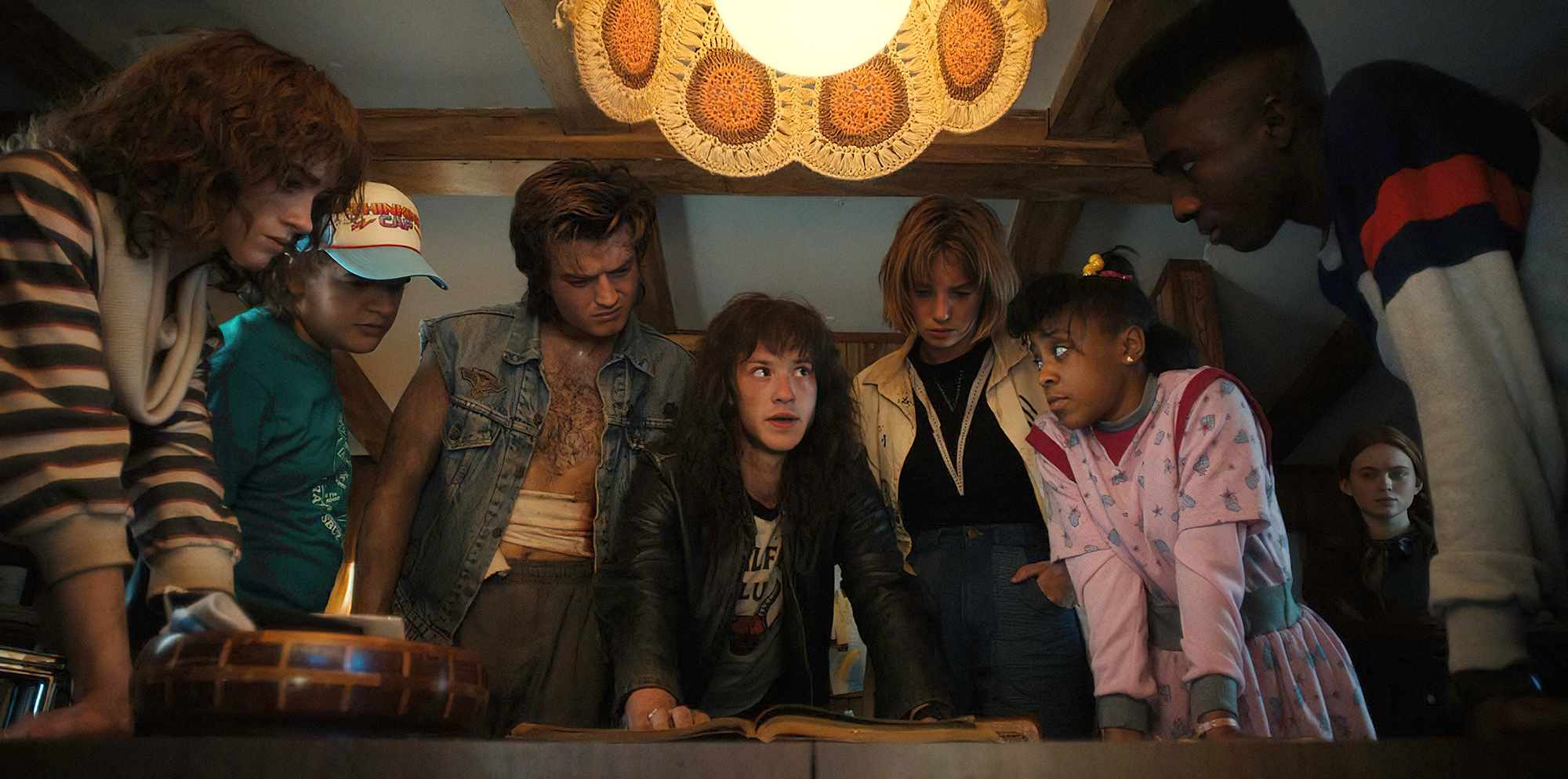 STRANGER THINGS. (L to R) Natalia Dyer as Nancy Wheeler, Gaten Matarazzo as Dustin Henderson, Joe Keery as Steve Harrington, Joseph Quinn as Eddie Munson, Maya Hawke as Robin Buckley, Priah Ferguson as Erica Sinclair, Sadie Sink as Max Mayfield, and Caleb McLaughlin as Lucas Sinclair in STRANGER THINGS. Cr. Courtesy of Netflix Â©Â 2022