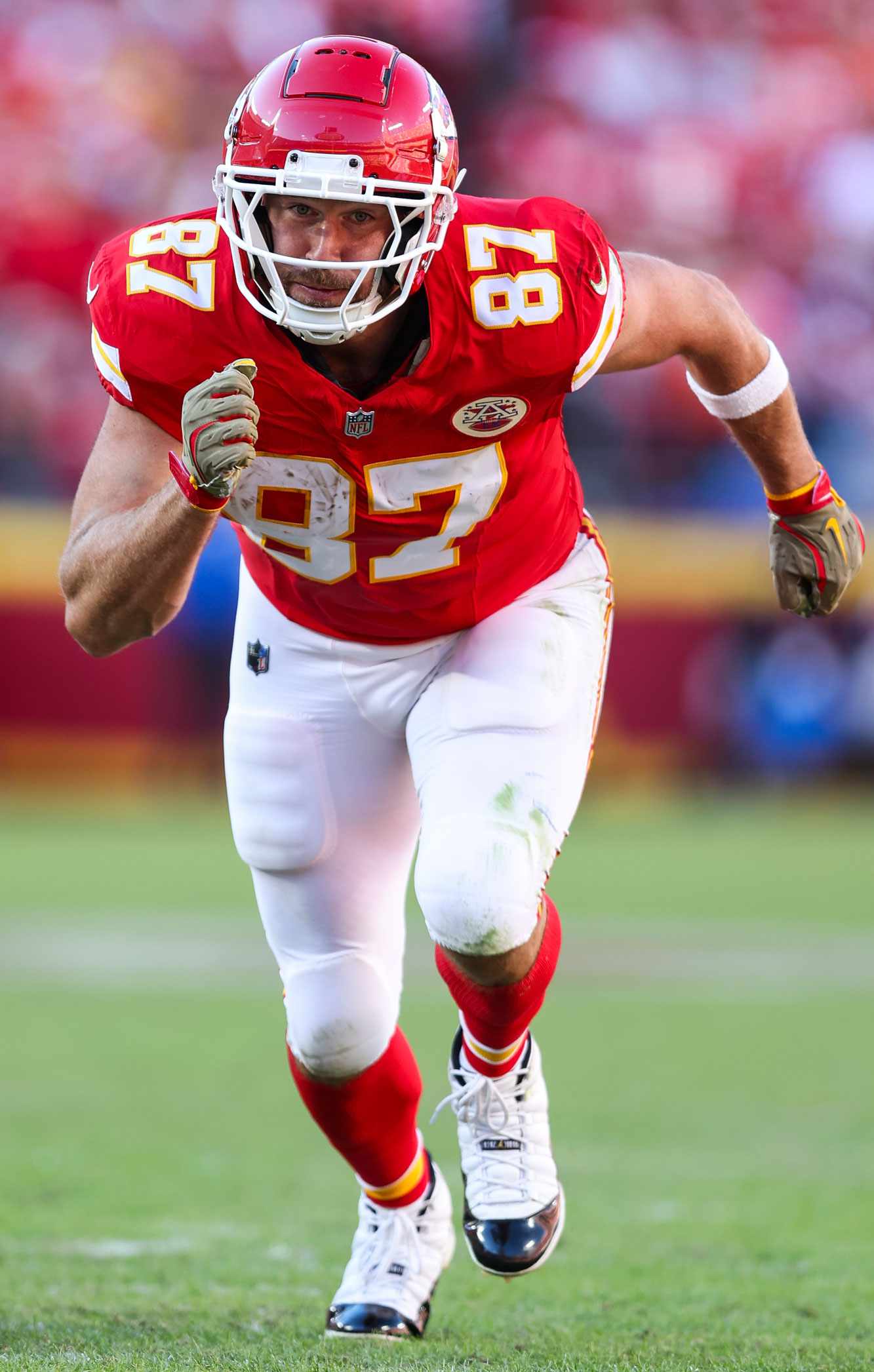 Travis Kelce #87 of the Kansas City Chiefs runs a route during an NFL football game against the Denver Broncos at GEHA Field at Arrowhead Stadium on November 10, 2024 in Kansas City, Missouri.