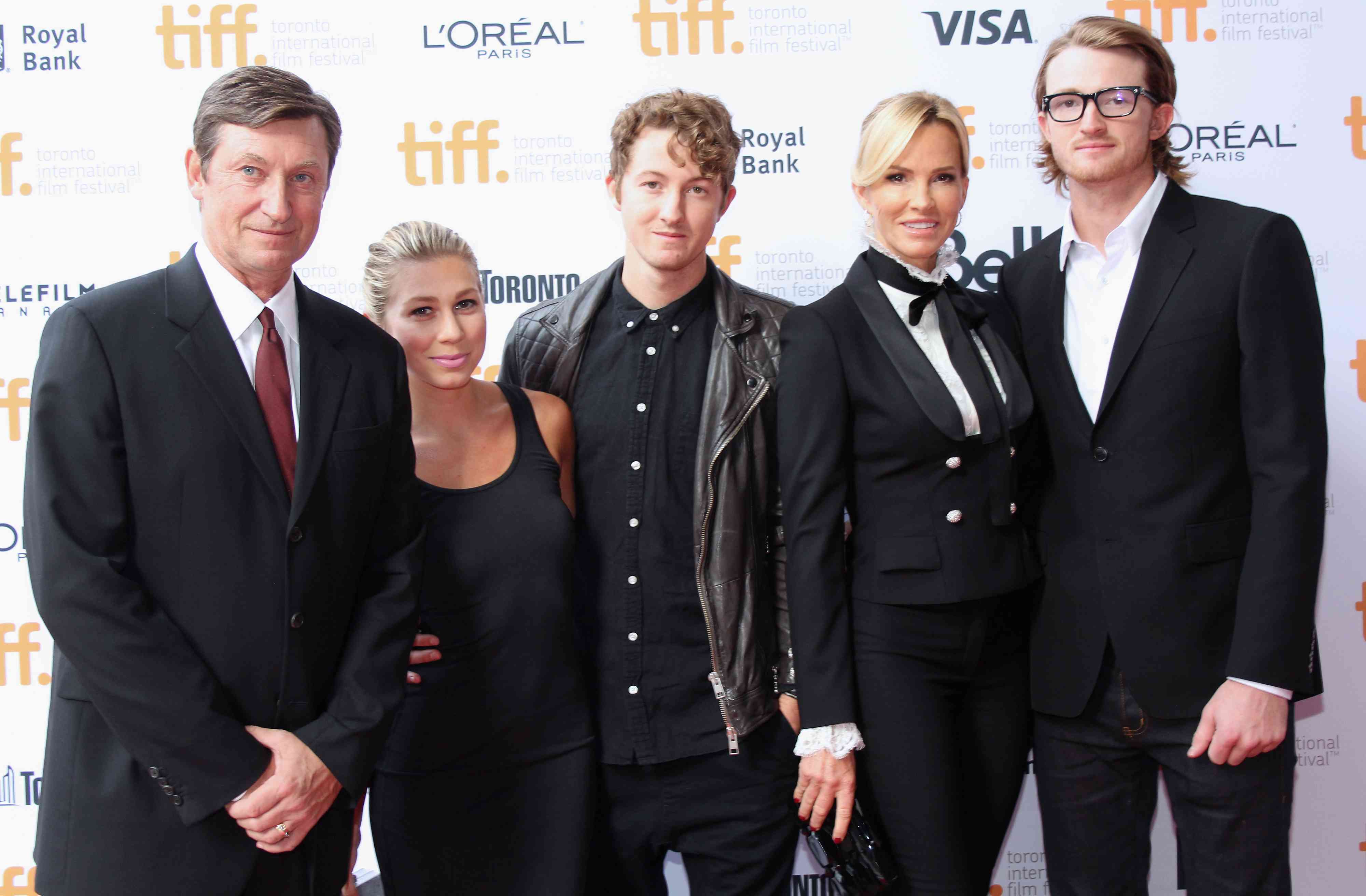 (L-R) NHL Legend Wayne Gretzky, Sara Cuse, Ty Gretzky, Janet Jones, and Trevor Gretzky arrive at the 'Red Army' Premiere during the 2014 Toronto International Film Festival held at Ryerson Theatre on September 9, 2014 in Toronto, Canada. 