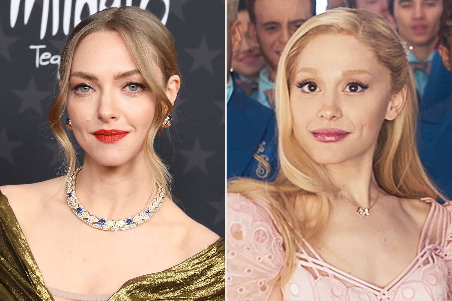 Amanda Seyfried arrives at the 28th Annual Critics Choice Awards at Fairmont Century Plaza on January 15, 2023 in Los Angeles, California. ; Ariana Granda is Glinda in WICKED, directed by Jon M. Chu