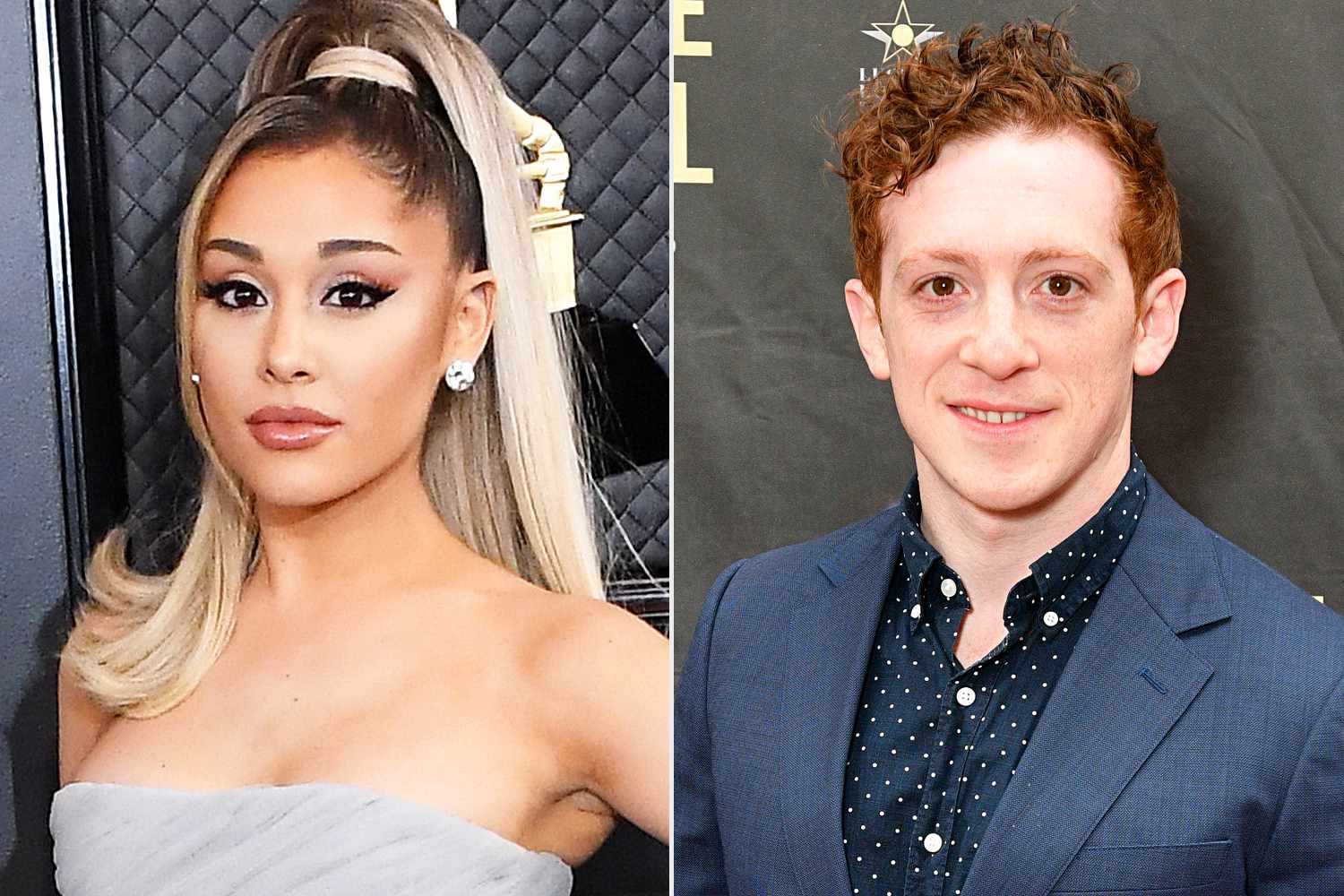 Ariana Grande arrives at the 62nd Annual GRAMMY Awards at Staples Center on January 26, 2020 in Los Angeles, California.; Ethan Slater attends the 37th Annual Lucille Lortel Awards at NYU Skirball Center on May 01, 2022 in New York City.