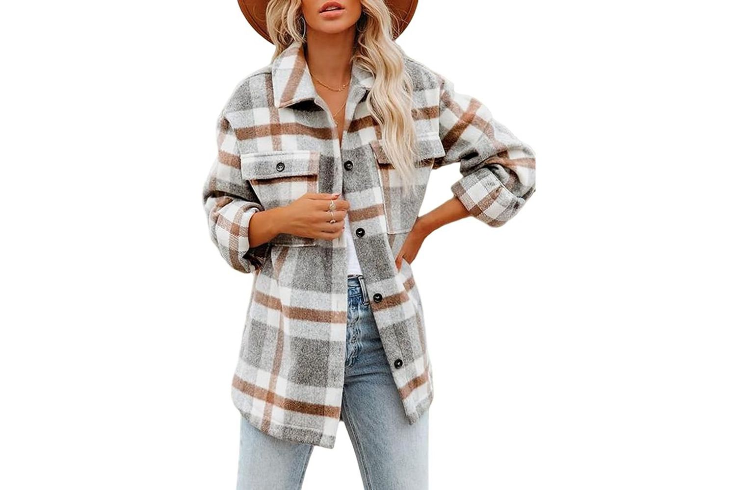 Amazon Beaully Women's Flannel Plaid Shacket Long Sleeve Button Down Chest Pocketed Shirts Jacket Coats