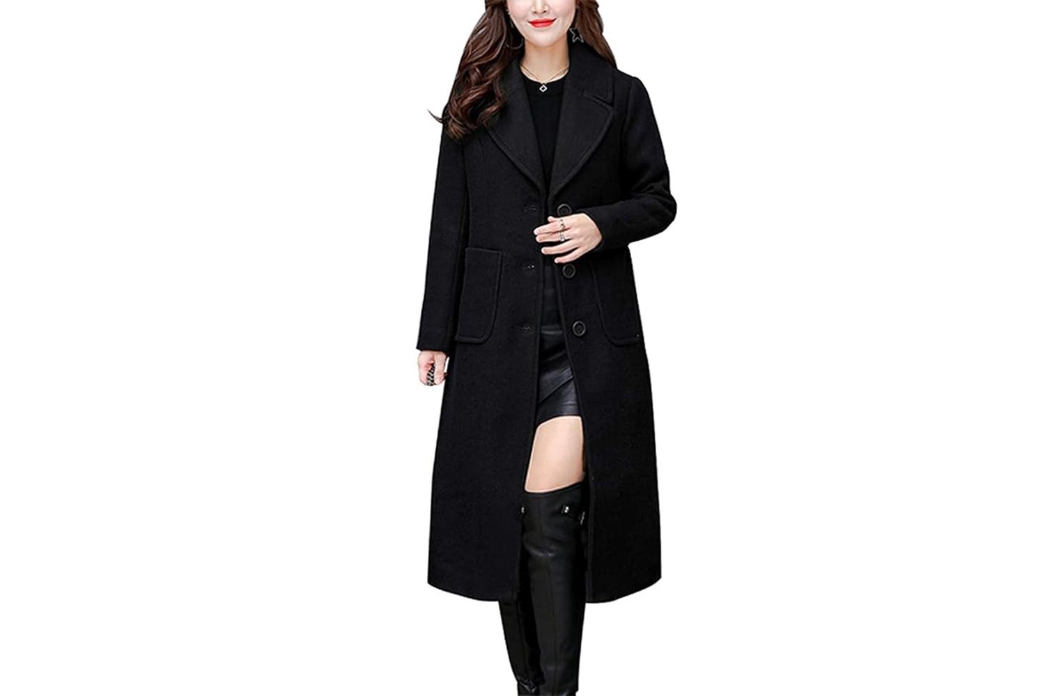 Amazon chouyatou Women's Big Notch Lapel Single Breasted Mid-Long Wool Blend Coat