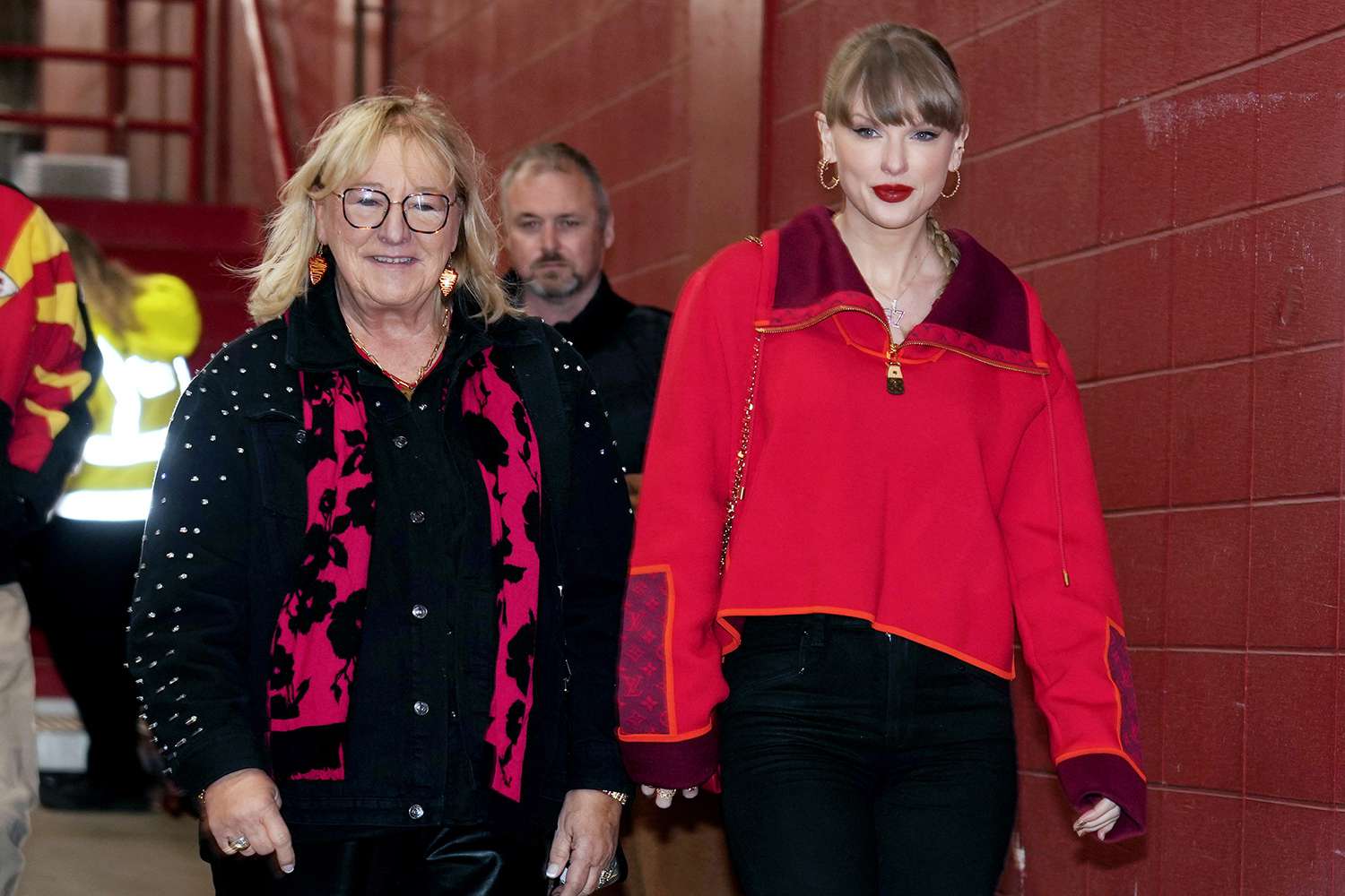 Taylor Swift arrives with Donna Kelce to watch the Kansas City Chiefs play the Las Vegas Raiders at Arrowhead Stadium in Kansas City, Missouri on Friday, November 29, 2024.