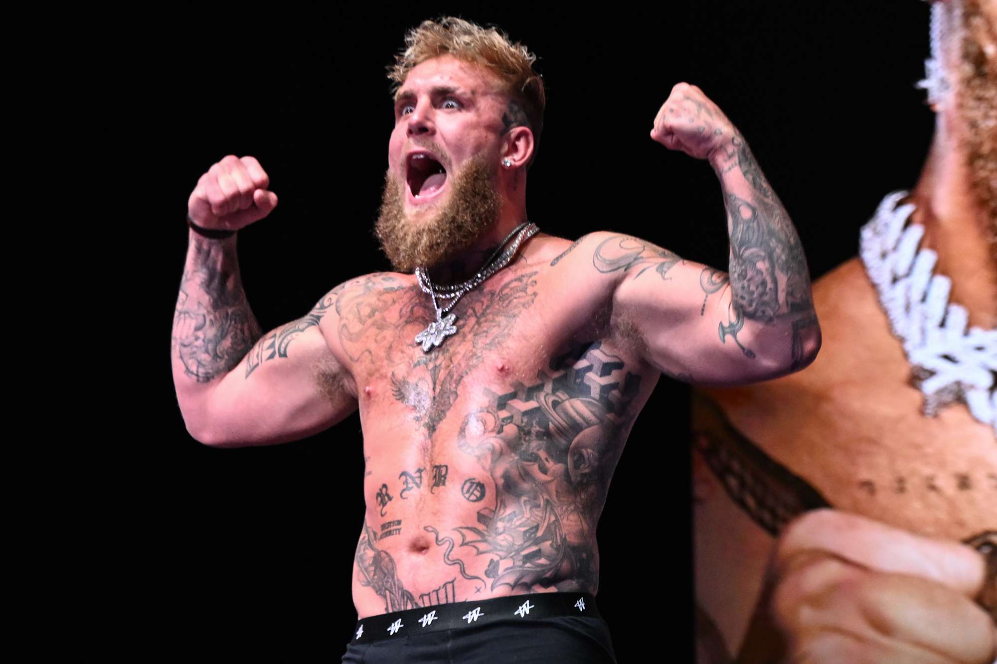 Jake Paul gets on scale during Weigh-In at the Toyota Music Factory in Irving, Texas on November 14, 2024 ahead of his match with Mike Tyson for heavyweight world titles of the Premiere Boxing Championship which will be on November 15 Friday night at AT&T Stadium in Arlington, Texas, United States.