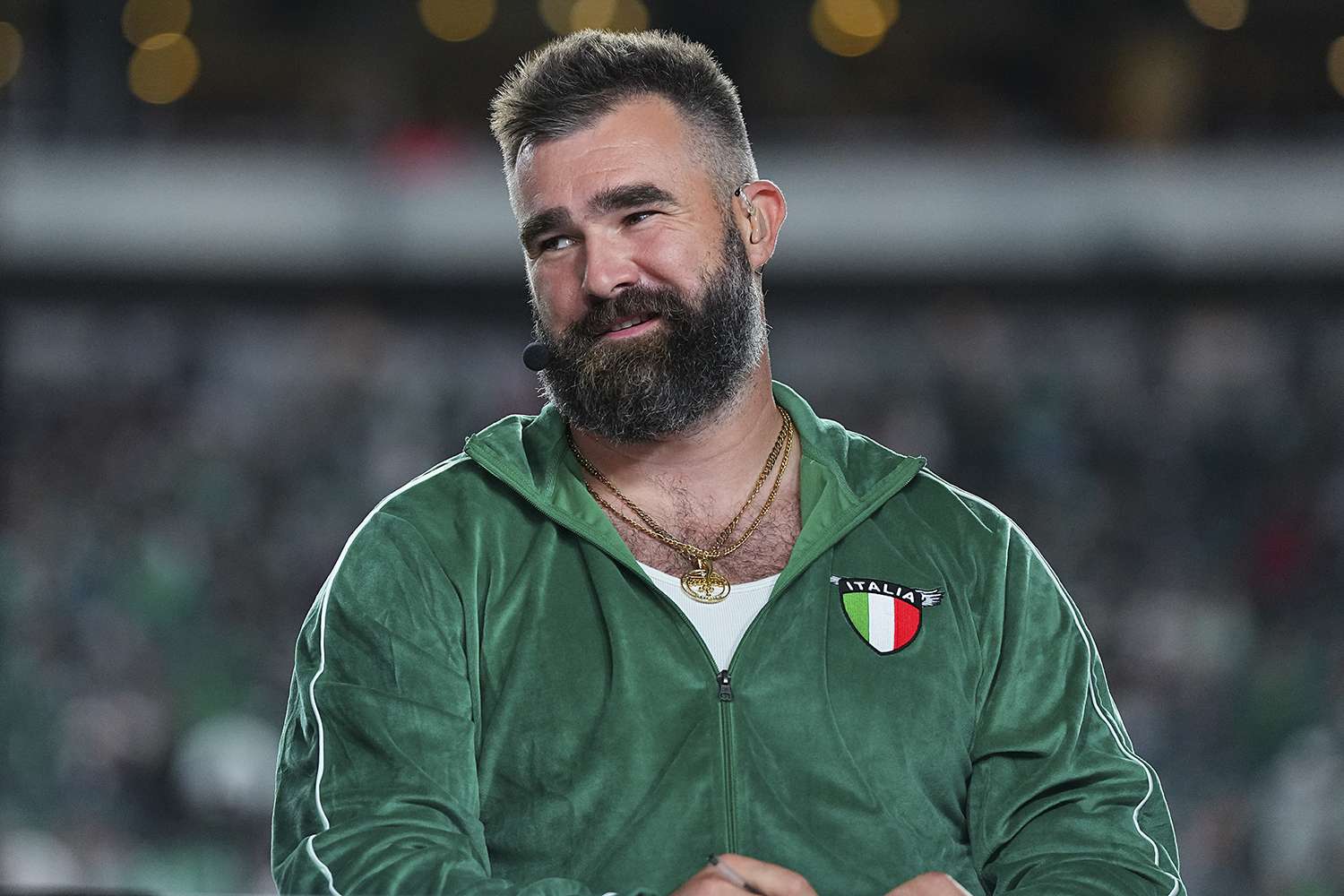 ESPN analyst Jason Kelce looks on prior to the game between the Atlanta Falcons and Philadelphia Eagles 