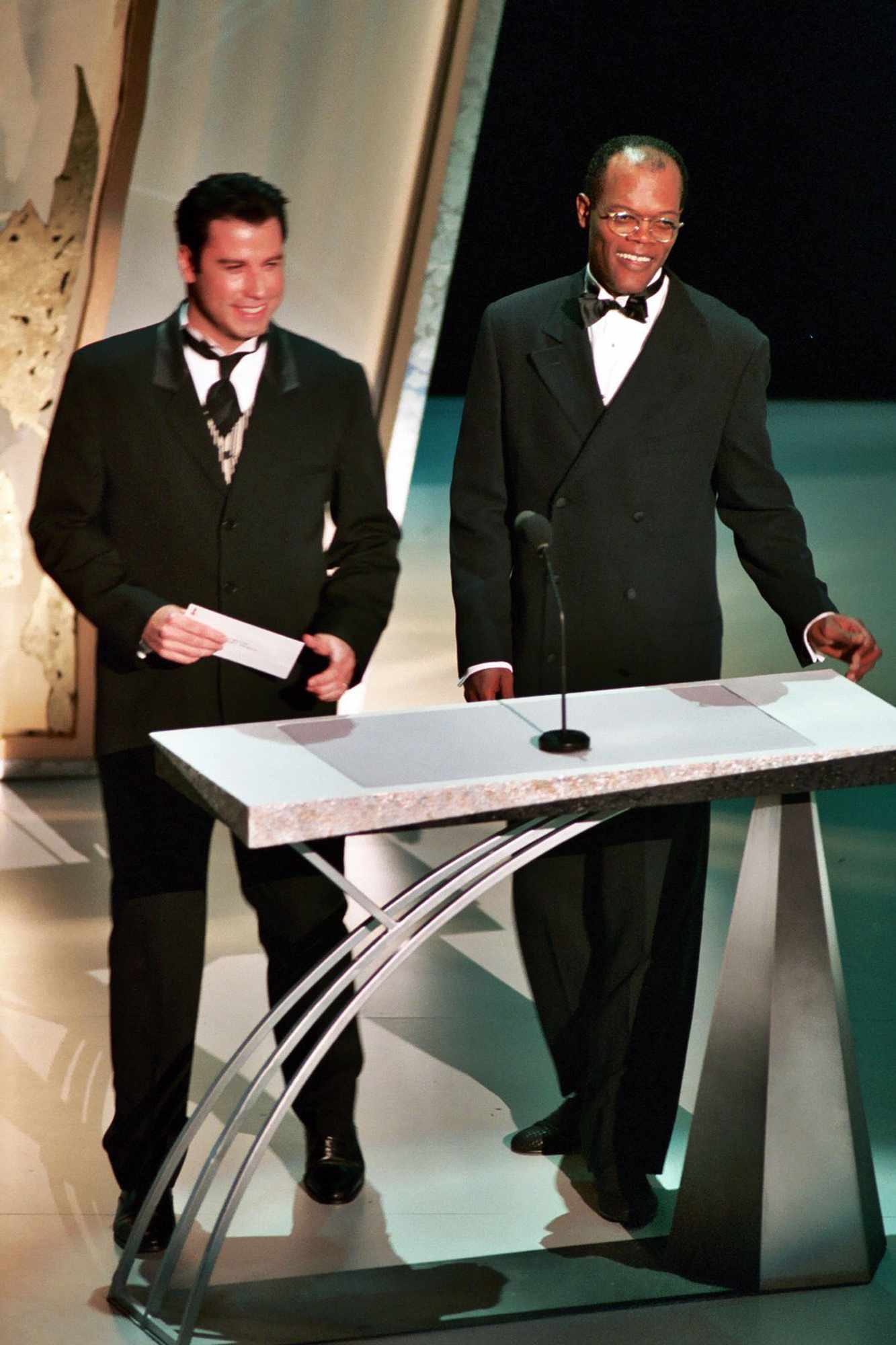 John Travolta and Samuel L. Jackson during 1995 Academy Awards in Los Angeles, California, United States.