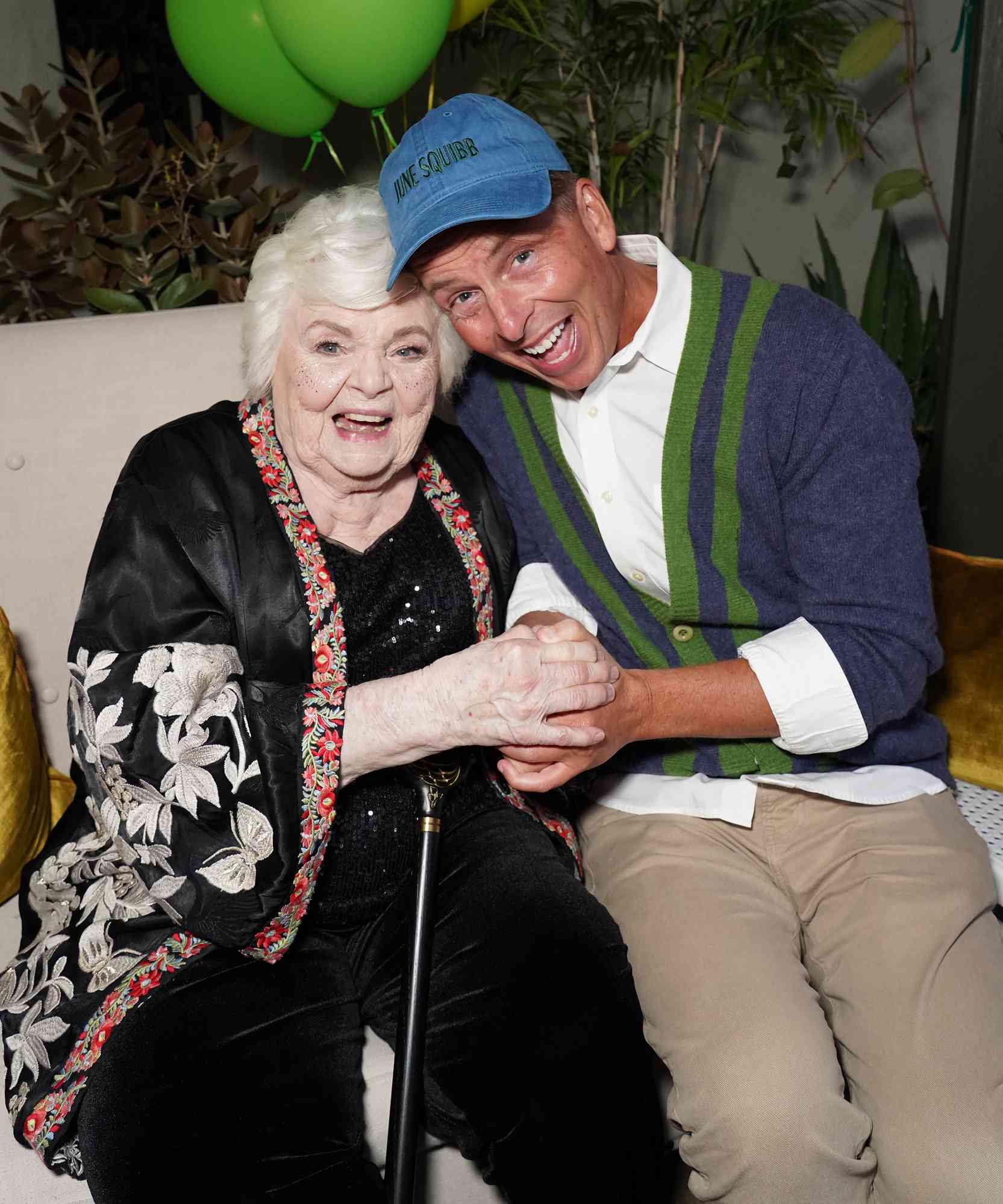 June Squibb and Jack McBrayer attend June Squbb's 95th Birthday Party at a private residence on Saturday Nov, 2, 2024 in Los Angeles.