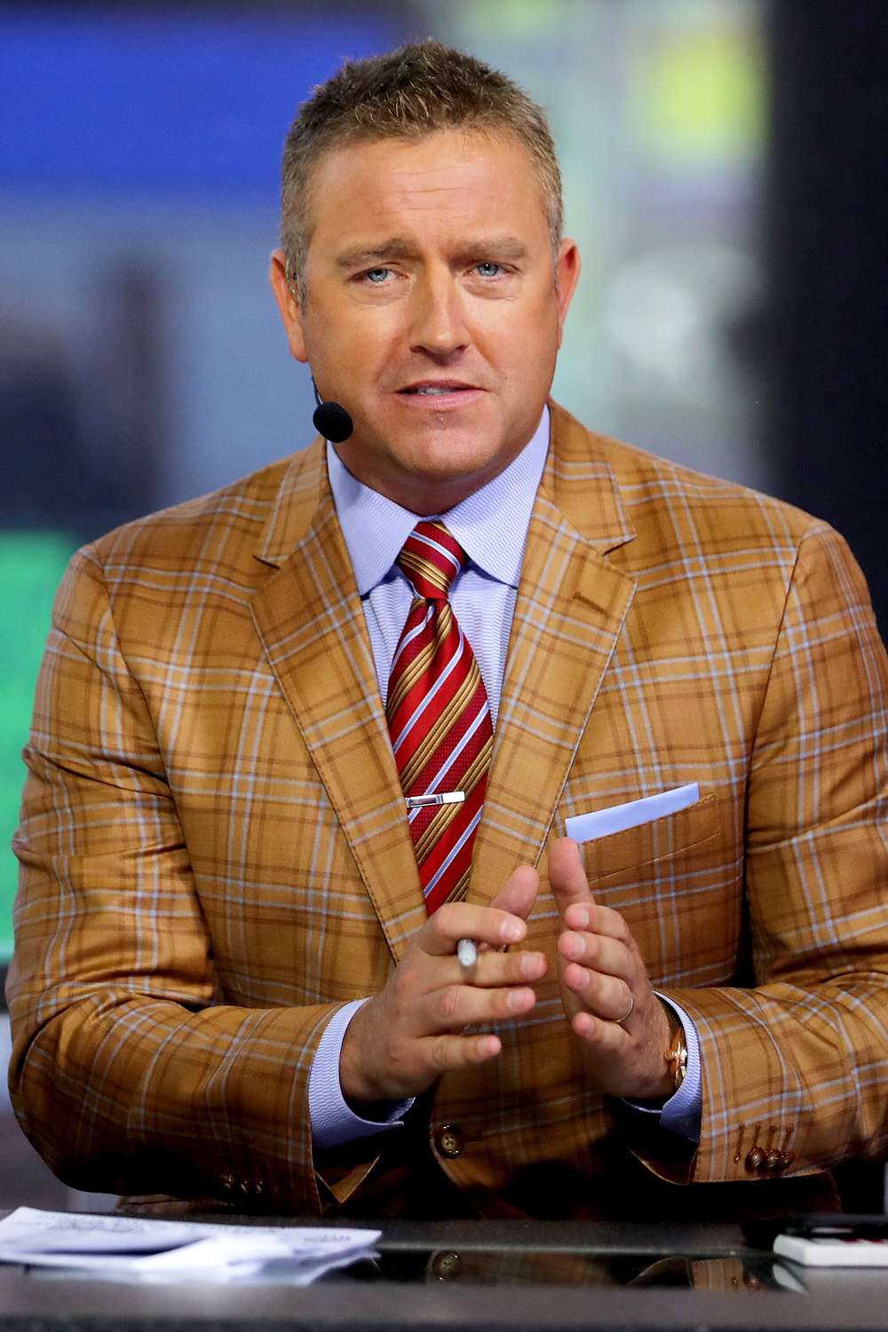 SPN College GameDay analyst Kirk Herbstreit discusses football at Times Square on September 23, 2017 in New York City. 