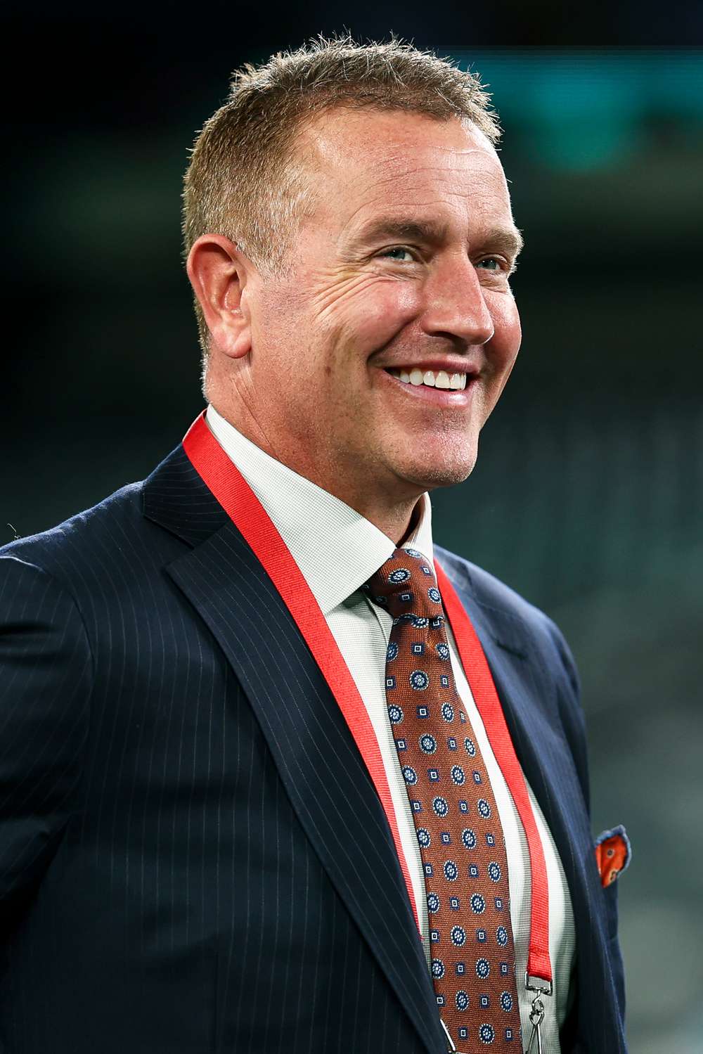  Amazon Prime commentator Kirk Herbstreit smiles on the field prior to an NFL football game between the New York Jets and the Houston Texans, Thursday at MetLife Stadium on October 31, 2024 in East Rutherford, NJ.