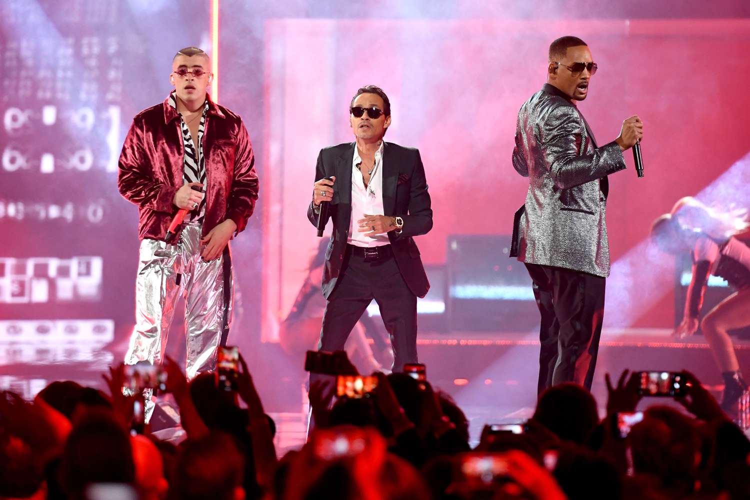 Bad Bunny, Marc Anthony and Will Smith perform onstage during the 19th annual Latin GRAMMY Awards at MGM Grand Garden Arena on November 15, 2018 in Las Vegas, Nevada. 