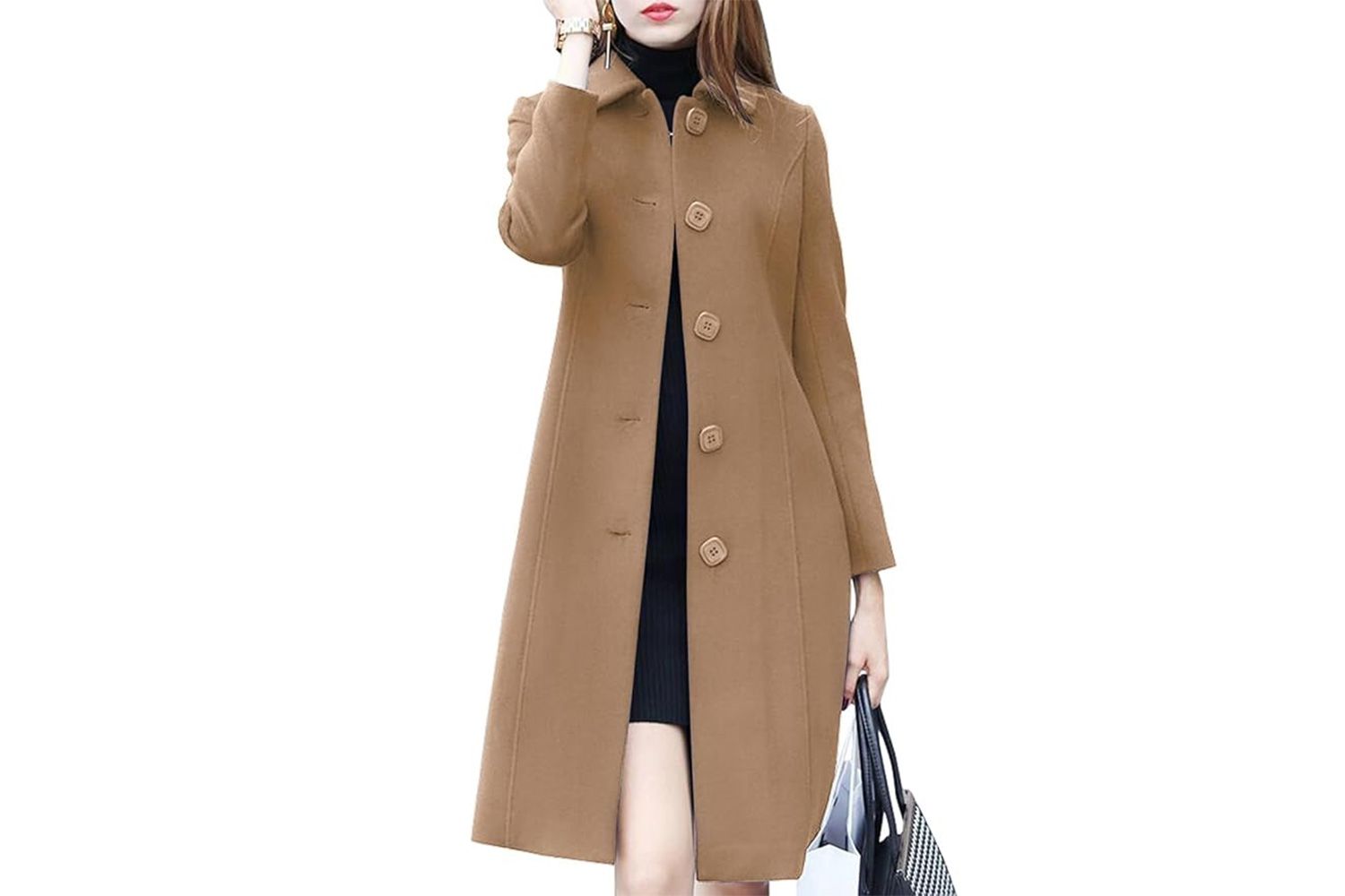 Amazon Leyoutx Women's Lapel Single Breasted Mid-Long Classic Solid Color Slim Fit Wool Blend Coat