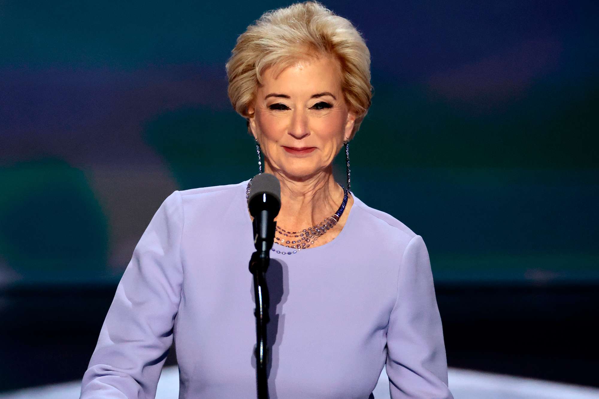 Linda McMahon, former administrator of the US Small Business Administration, during the Republican National Convention (RNC) at the Fiserv Forum in Milwaukee, Wisconsin, US, on Thursday, July 18, 2024. The RNC chairman warned against complacency when his party concludes its official nominating jamboree this week with polls predicting ex-President Donald Trump prevailing over President Joe Biden in the November election. 