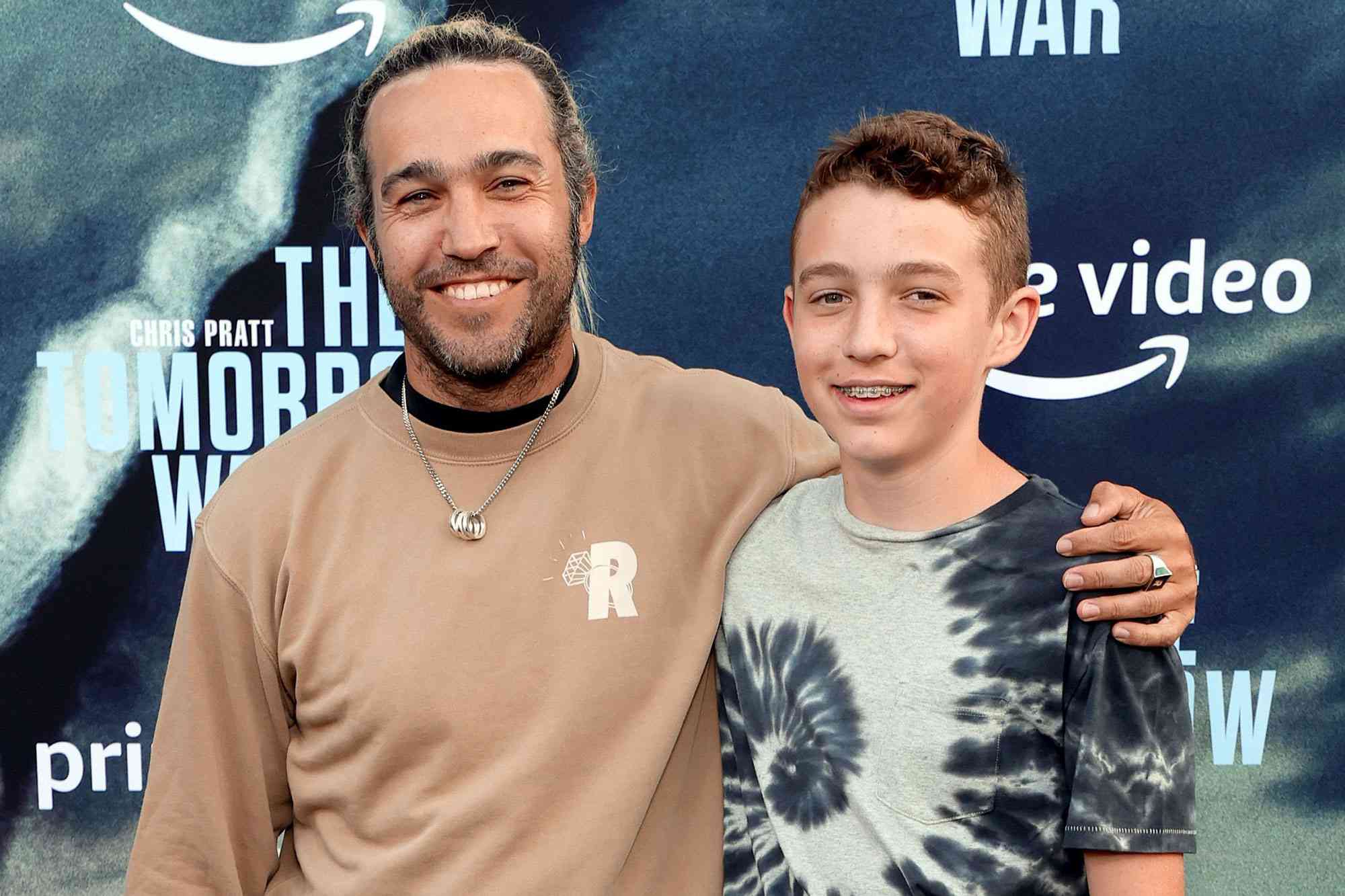 Pete Wentz and Bronx Mowgli Wentz attend the premiere of Amazon's "The Tomorrow War" on June 30, 2021 in Los Angeles, California. 