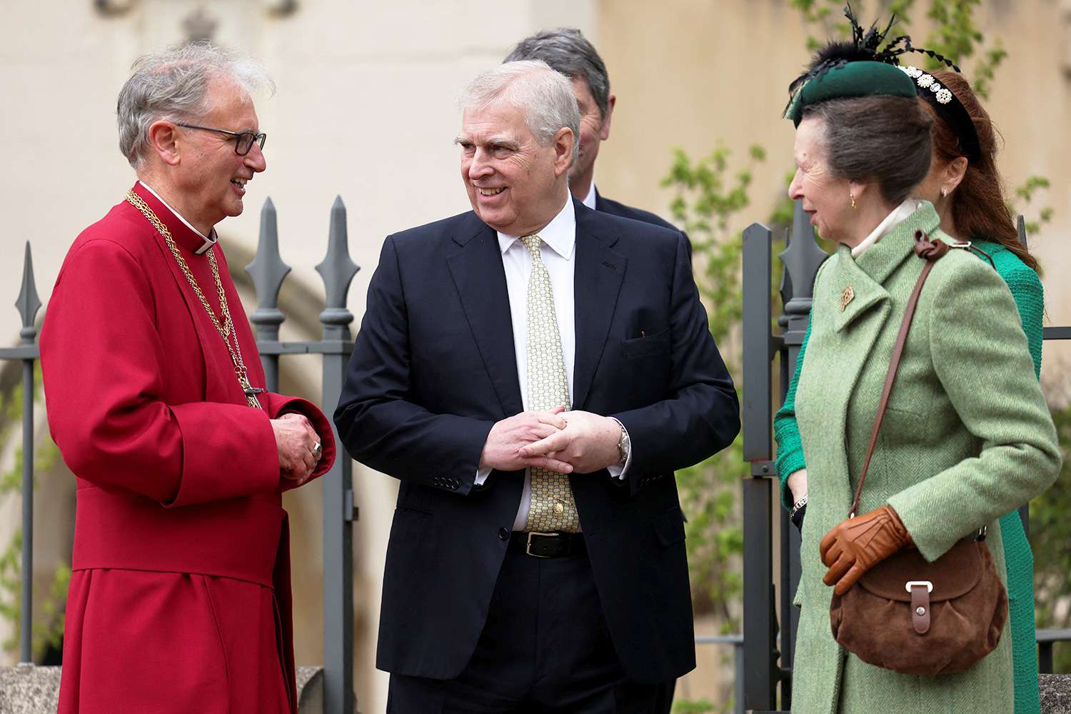 Prince Andrew, Duke of York (C) and Princess Anne (R) leave after attending the Easter Matins Service at St. George's Chapel, Windsor Castle, on March 31, 2024 in Windsor, England. 