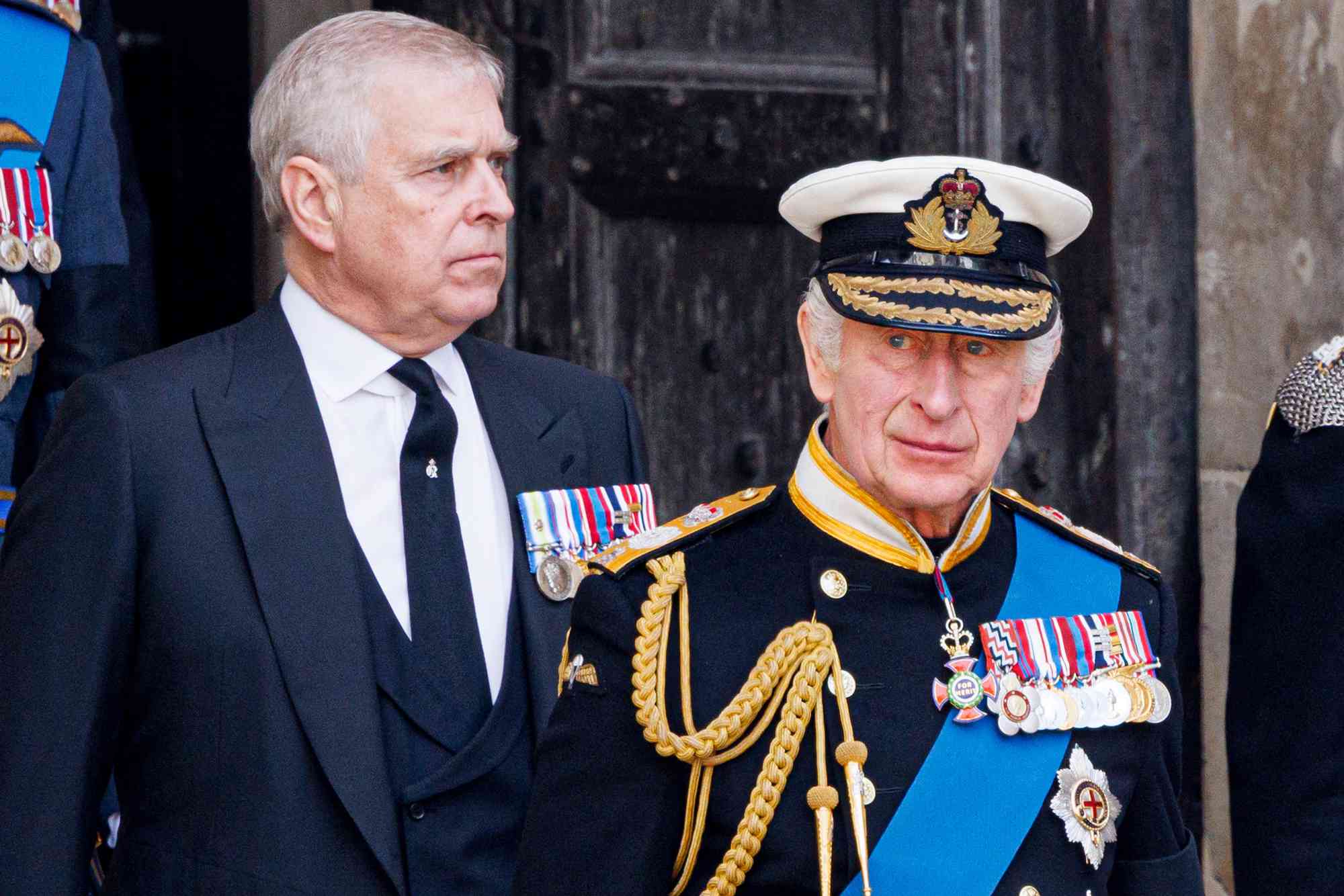 Prince William, Prince of Wales, Prince Andrew, Duke of York, King Charles III, Prince Edward, Earl of Wessex and Anne, Princess Royal during the State Funeral of Queen Elizabeth II at Westminster Abbey on September 19, 2022 in London, England