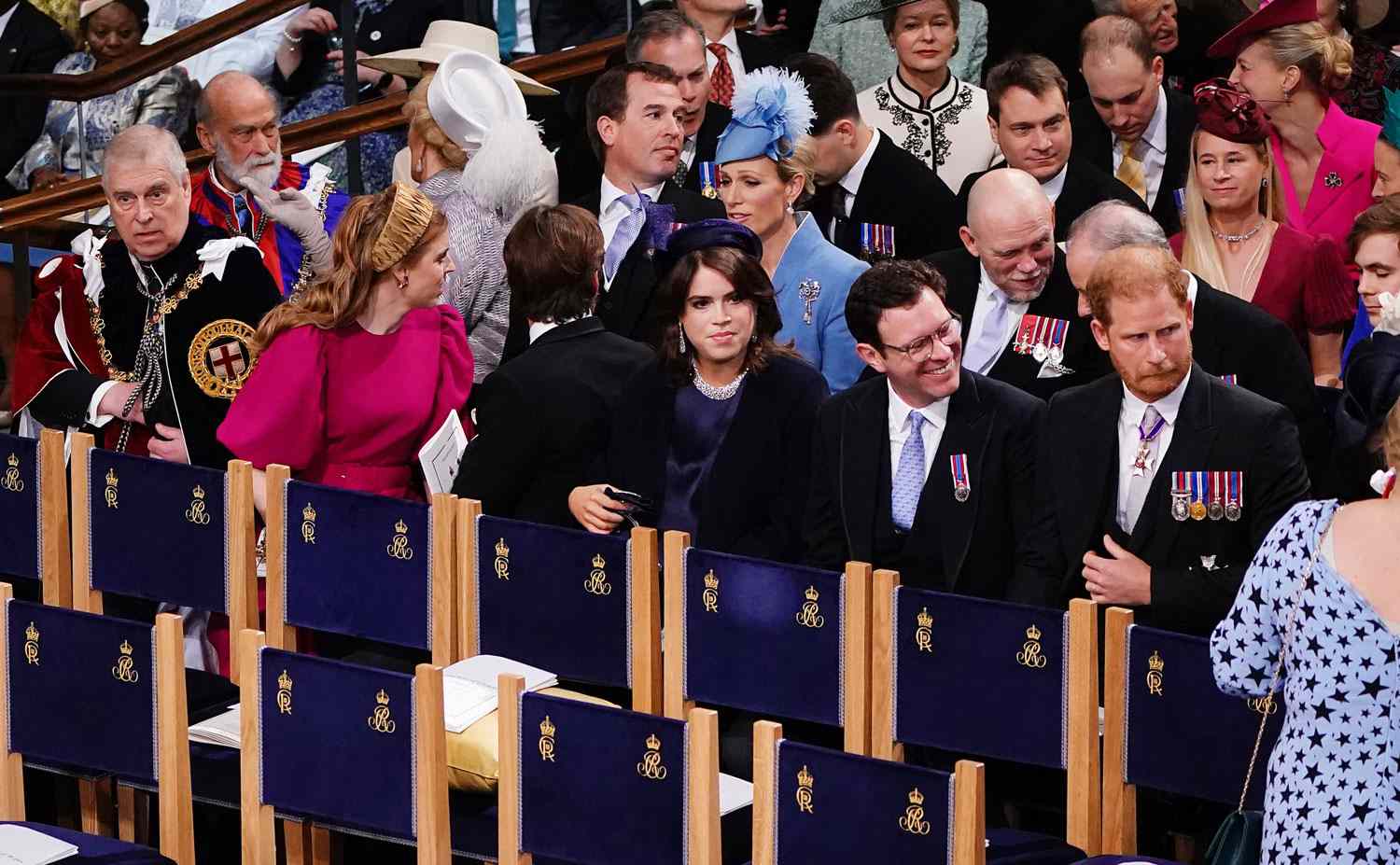 Prince Andrew, Princess Beatrice, Peter Phillips, Edoardo Mapelli Mozzi, Zara Tindall, Princess Eugenie, Jack Brooksbank, Mike Tindall, Prince Harry at Westminster Abbey in central London on May 6, 2023, attend the coronations of Britain's King Charles III and Britain's Camilla, Queen Consort