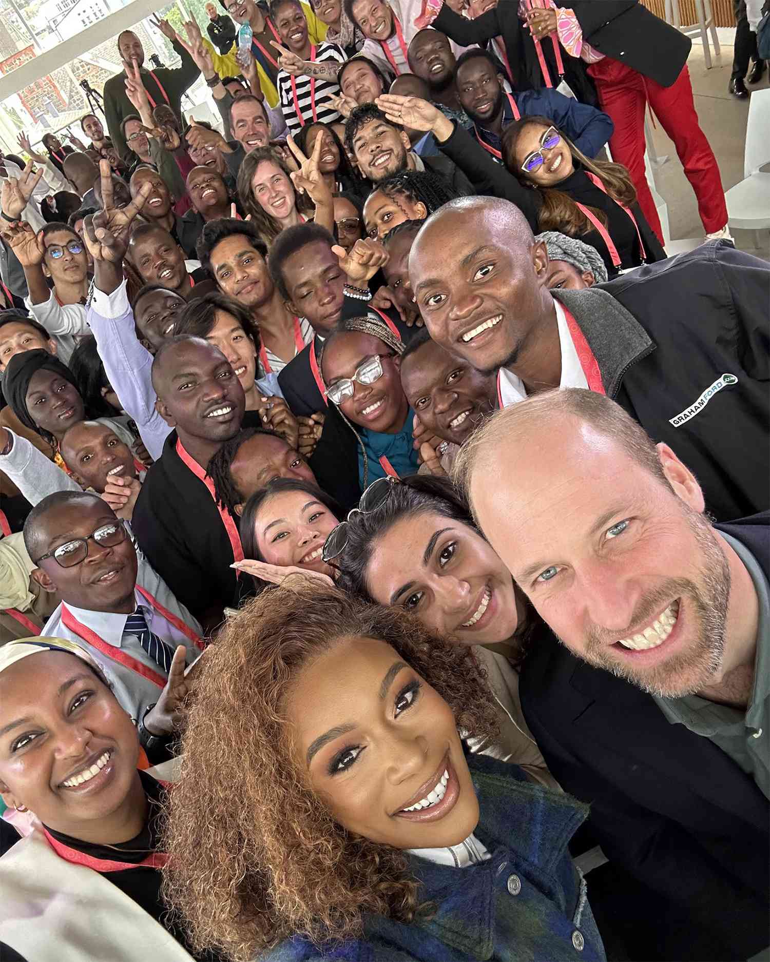 Prince William, Prince of Wales and Nomzamo Mbatha pose for a selfie with young people during the Earthshot Prize Climate Leaders Youth Programme on November 04, 2024 in Cape Town, South Africa