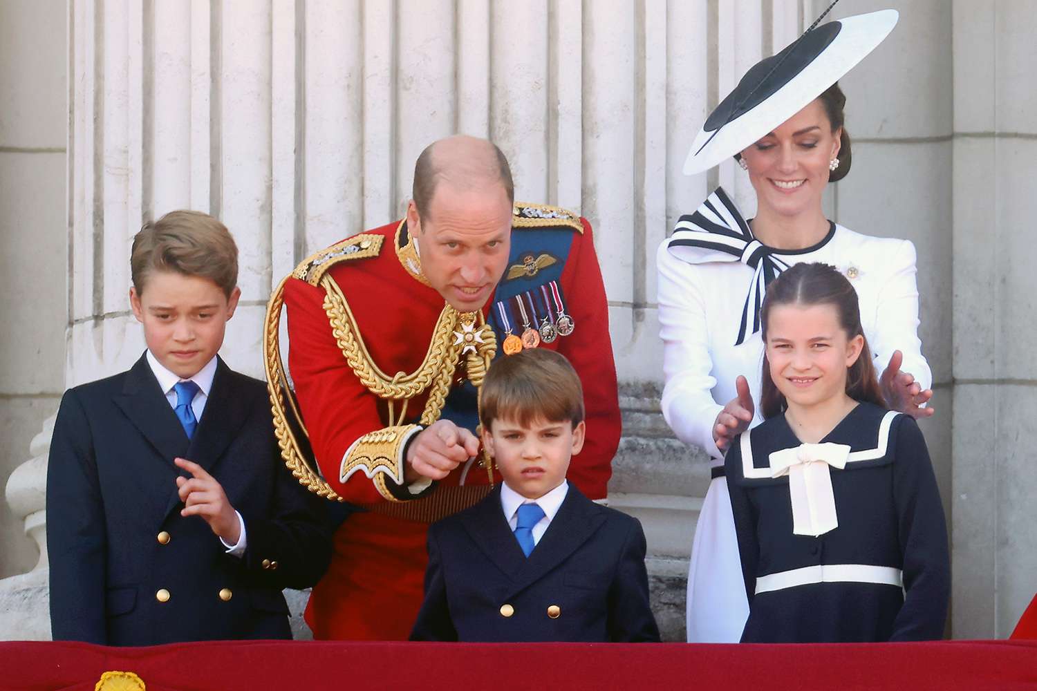 Prince George of Wales, Prince William, Prince of Wales, Prince Louis of Wales, Princess Charlotte of Wales, Catherine, Princess of Wales, King Charles III and Queen Camilla during Trooping the Colour at Buckingham Palace on June 15, 2024 in London