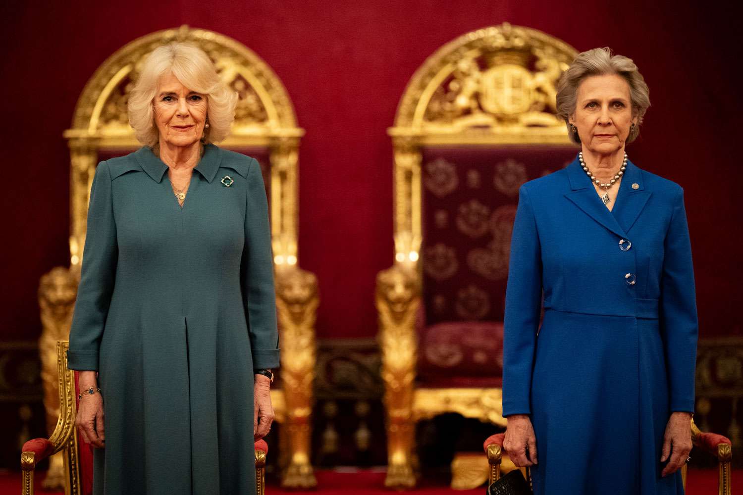 Queen Camilla (left) stands with Birgitte, Duchess of Gloucester, during an event to present the Queen's Anniversary Prizes for Higher and Further Education, at Buckingham Palace on February 22, 2024 in London, England.