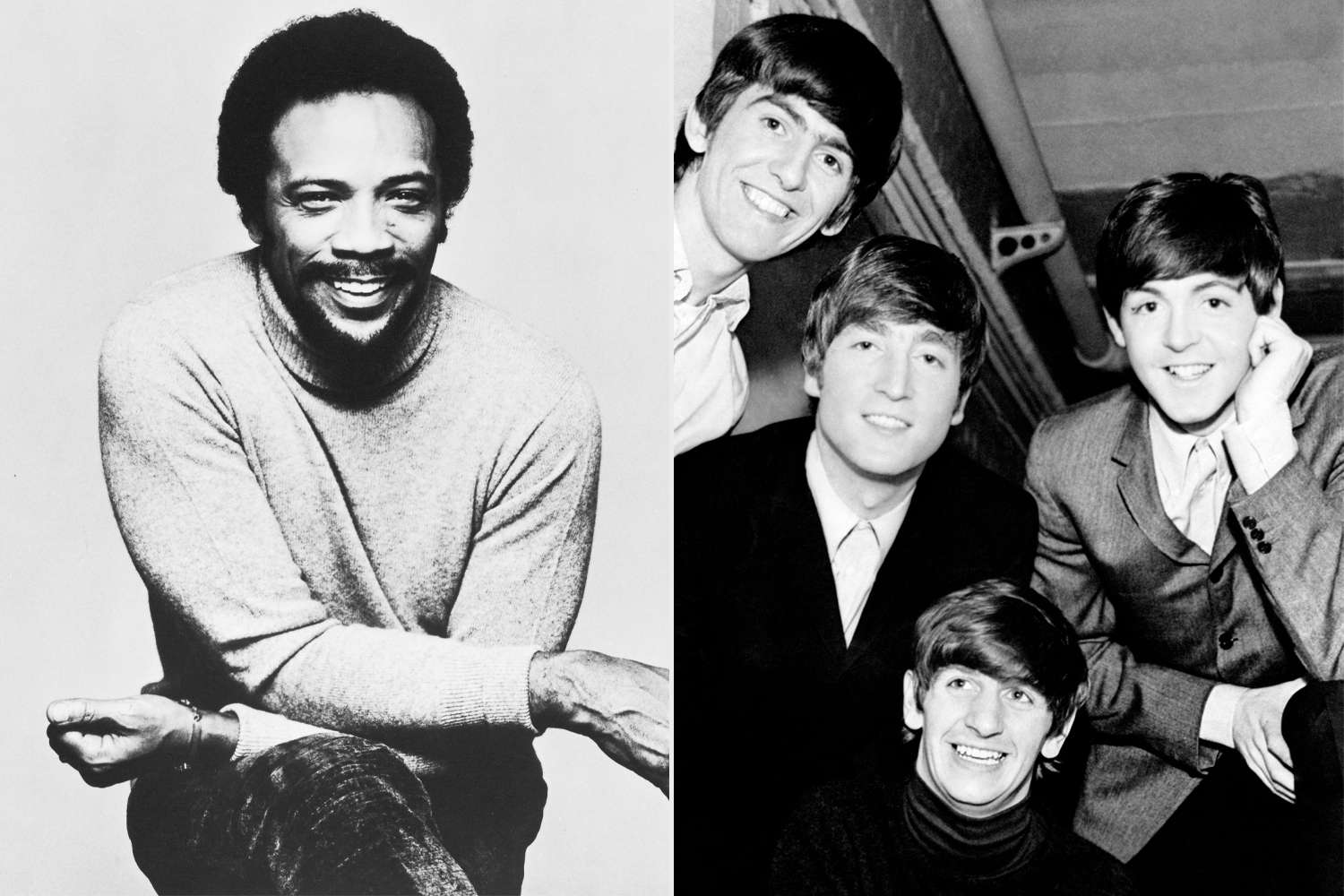 Promotional photo of American composer and music producer Quincy Jones, 1980s; Portrait of English band The Beatles, the singers and musicians John Lennon, Paul McCartney, George Harrison and Ringo Starr (Richard Parkin Starkey). 1960s