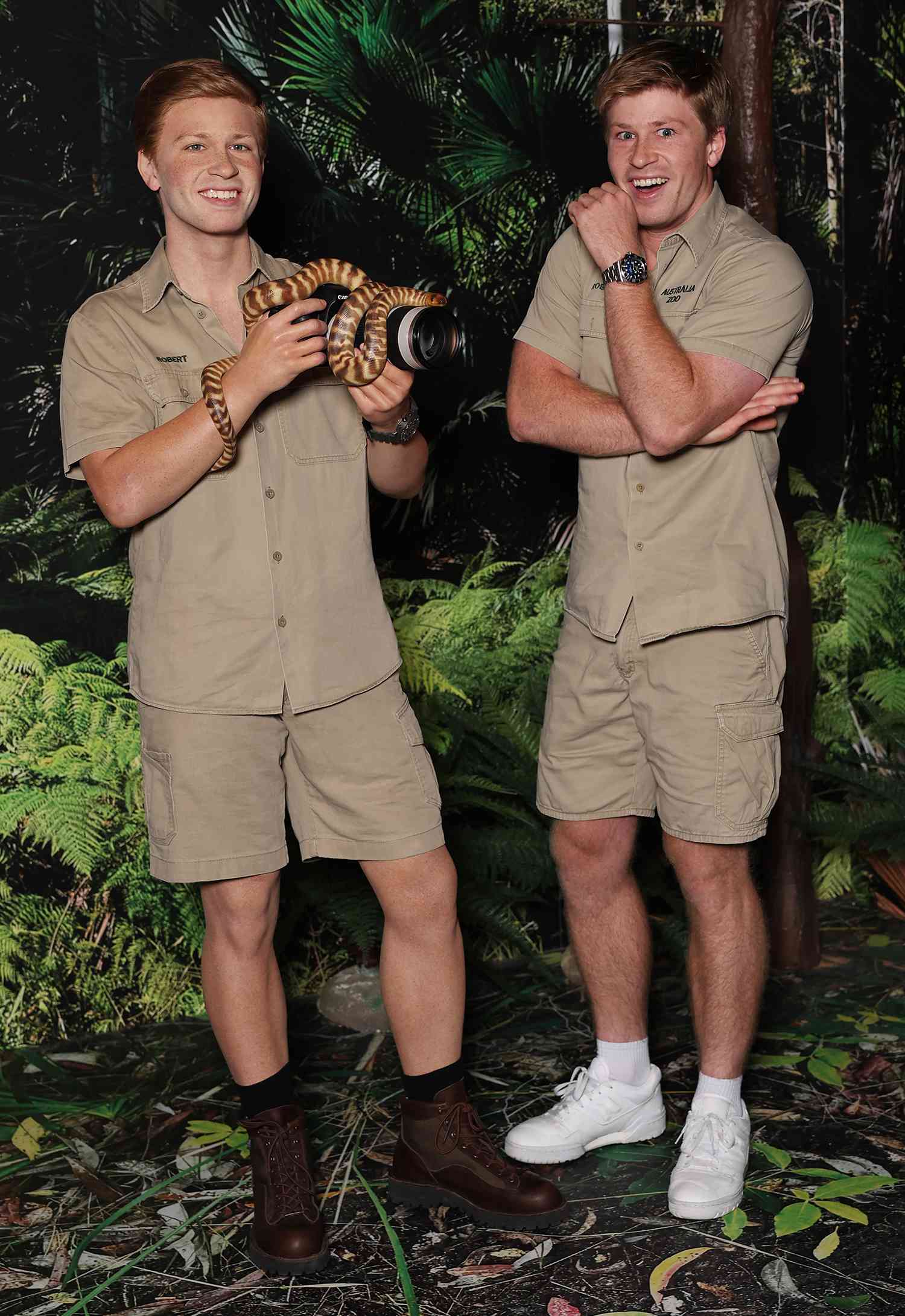 Robert Irwin poses alongside his wax figure during the unveiling of the Robert Irwin Wax Figure at Madame Tussauds Sydney