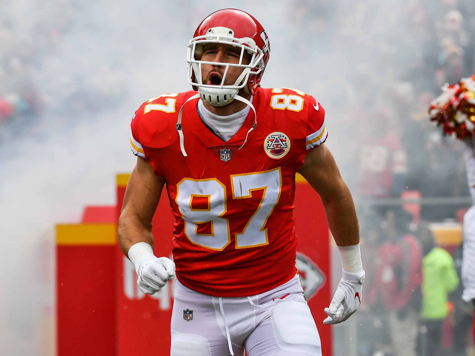 Travis Kelce #87 of the Kansas City Chiefs takes the field prior to the game against the Miami Dolphins at Arrowhead Stadium on December 24, 2017 in Kansas City, Missouri