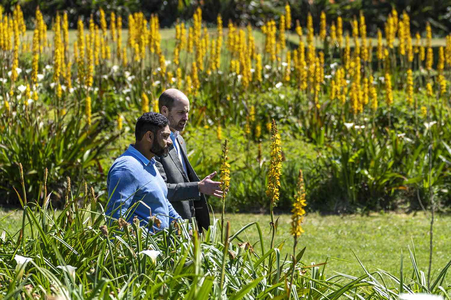 Prince William (R), Prince of Wales, walks with Garden Director Werner Voigt (L) before meeting with the 2024 Earthshot Prize Finalists at Kirstenbosch National Botanical Garden in Cape Town 