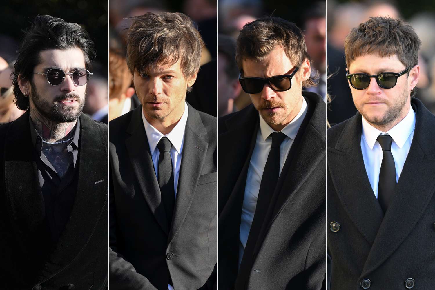 Zayn Malik after the funeral service for One Direction singer Liam Payne; Louis Tomlinson departs the funeral for singer Liam Payne; Harry Styles departs the funeral for singer Liam Payne; Niall Horan departs the funeral for singer Liam Payne 